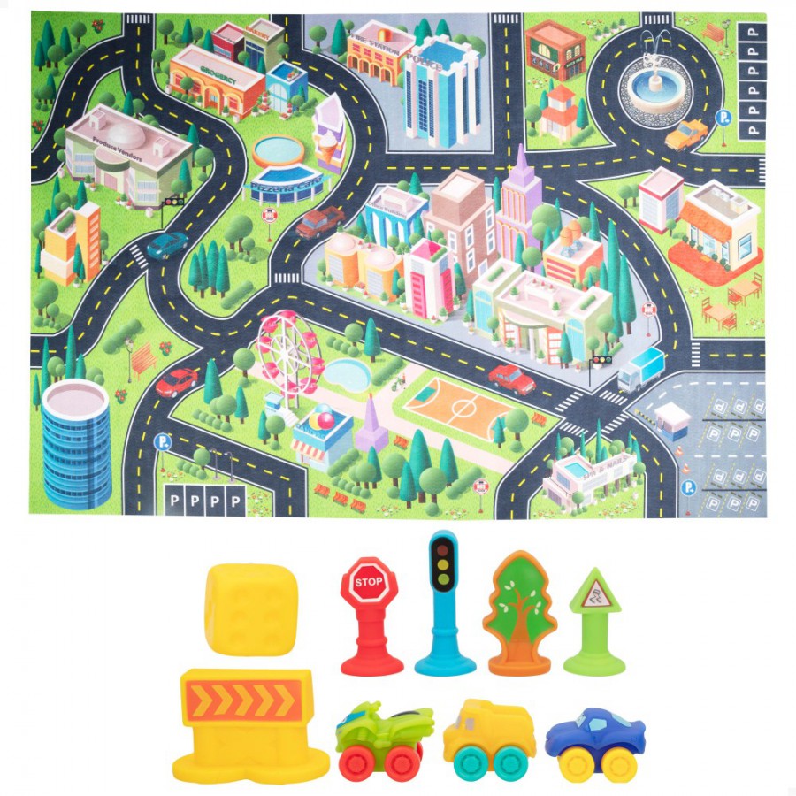 Alfombra infantil para jugar, diseño de ciudad con carreteras por