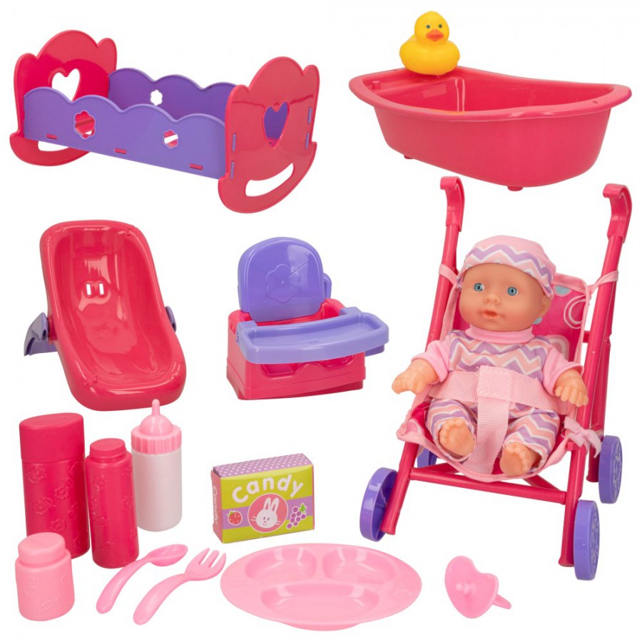 Muñeca bebé con muebles y accesorios