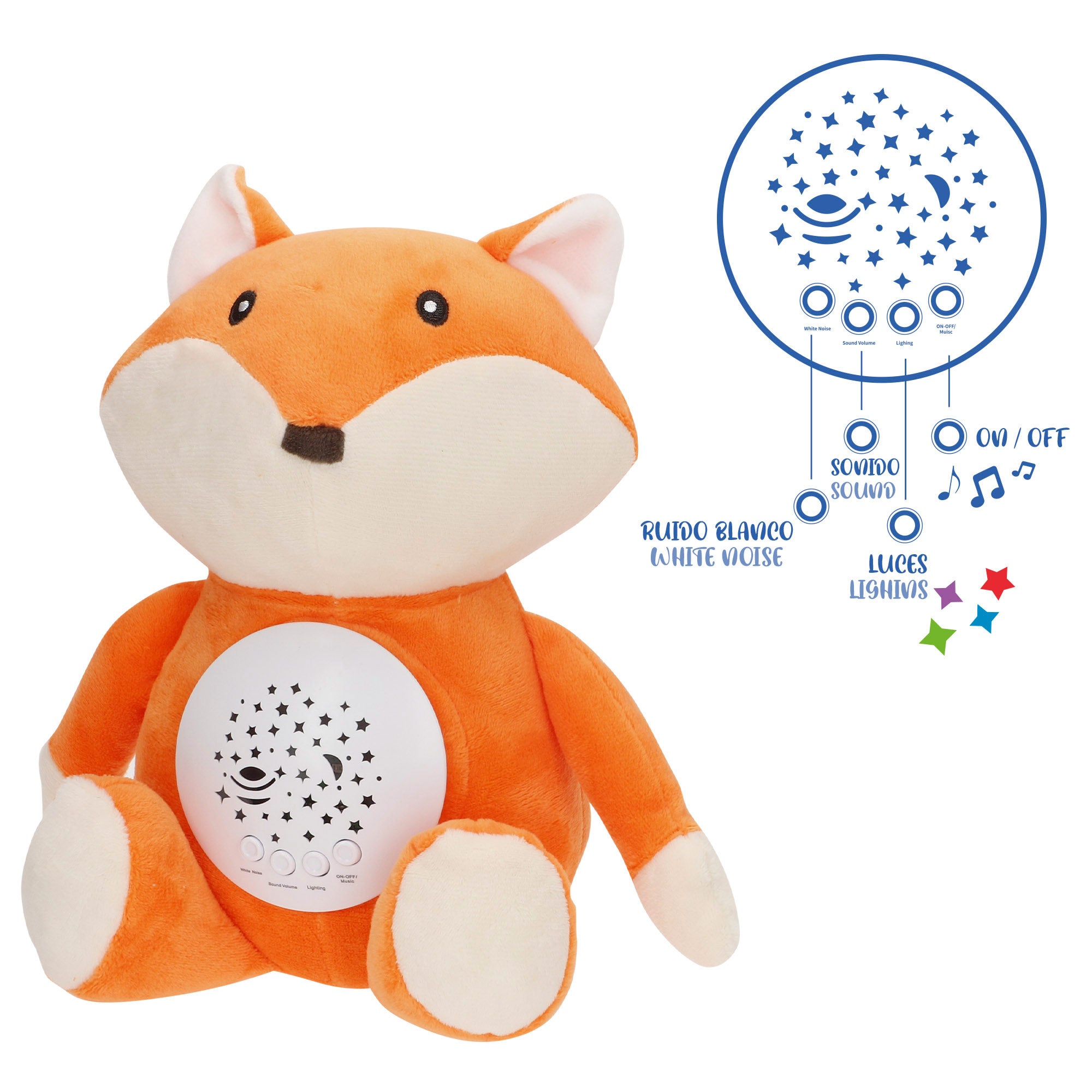 Peluche proyector estrellas con luz y sonido zorro Genial Baby
