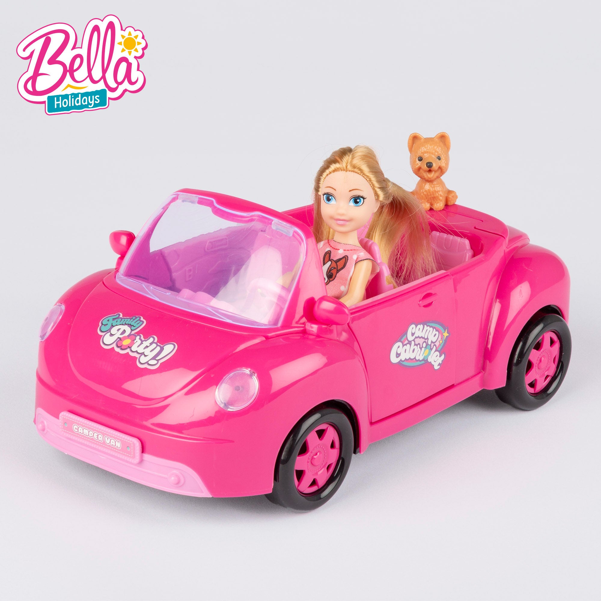 Muñeca con coche descapotable, perro y accesorios Bella