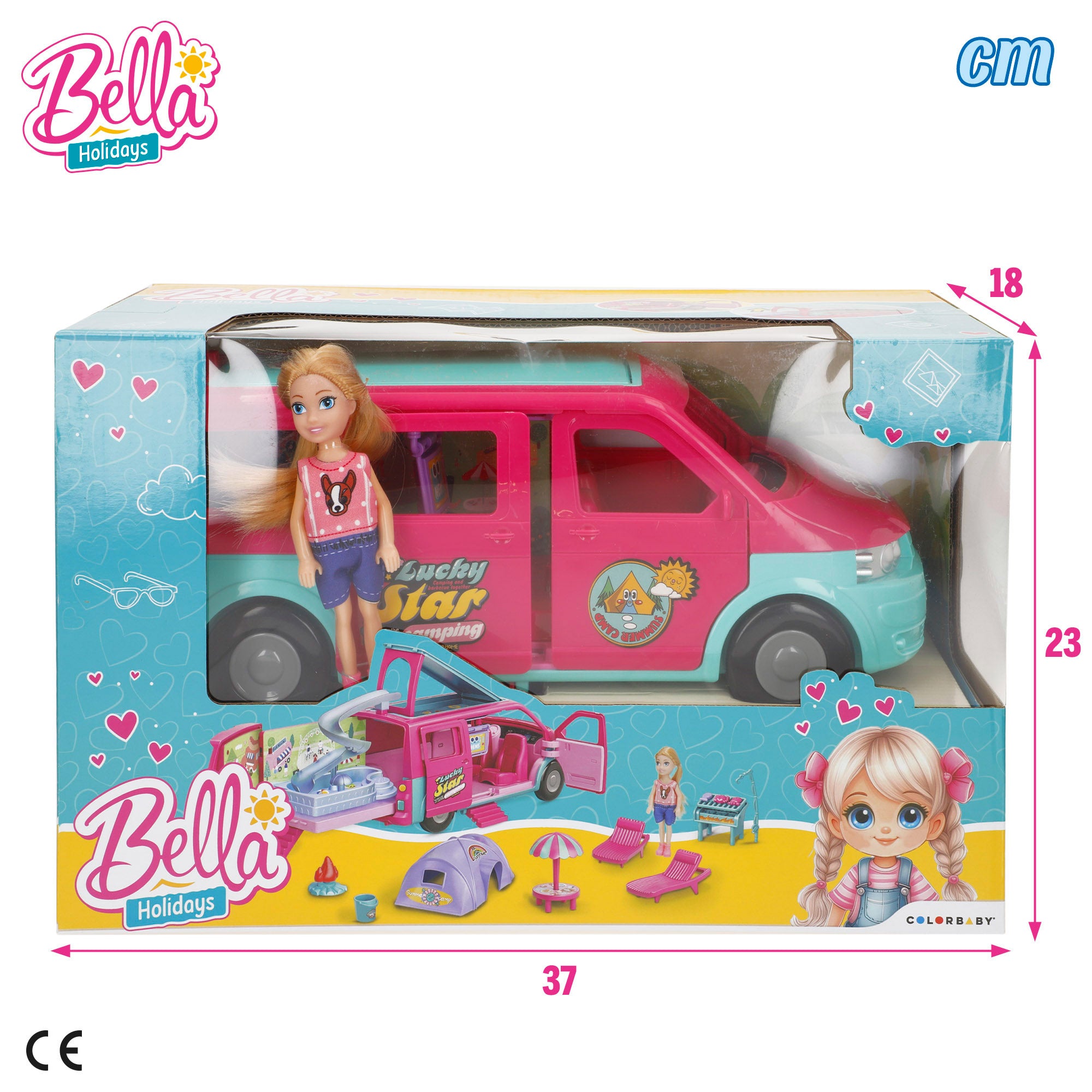 Muñeca con furgoneta camping y accesorios Bella