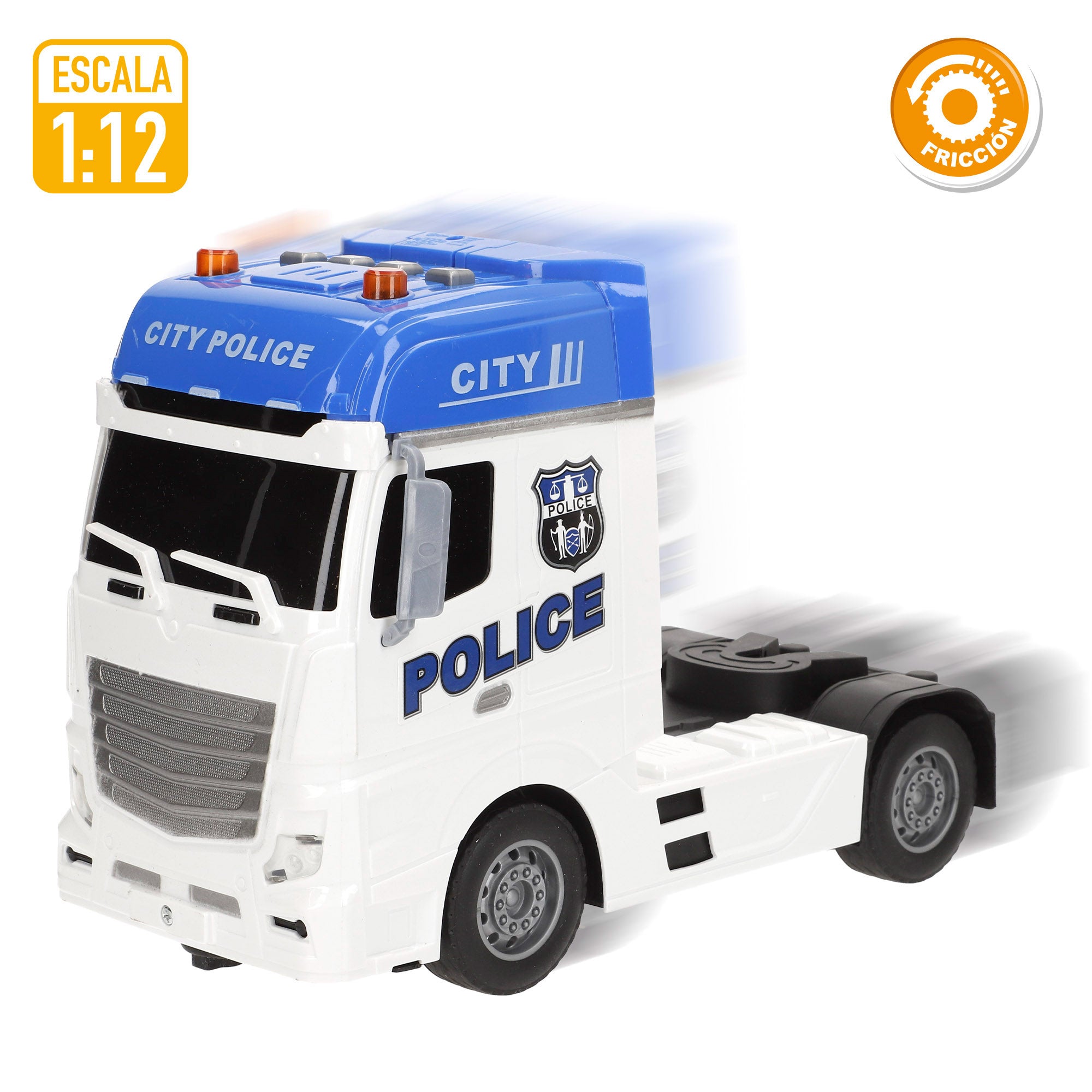 Camión portavehículos policía fricción con luz y sonido 1:12 Speed & Go