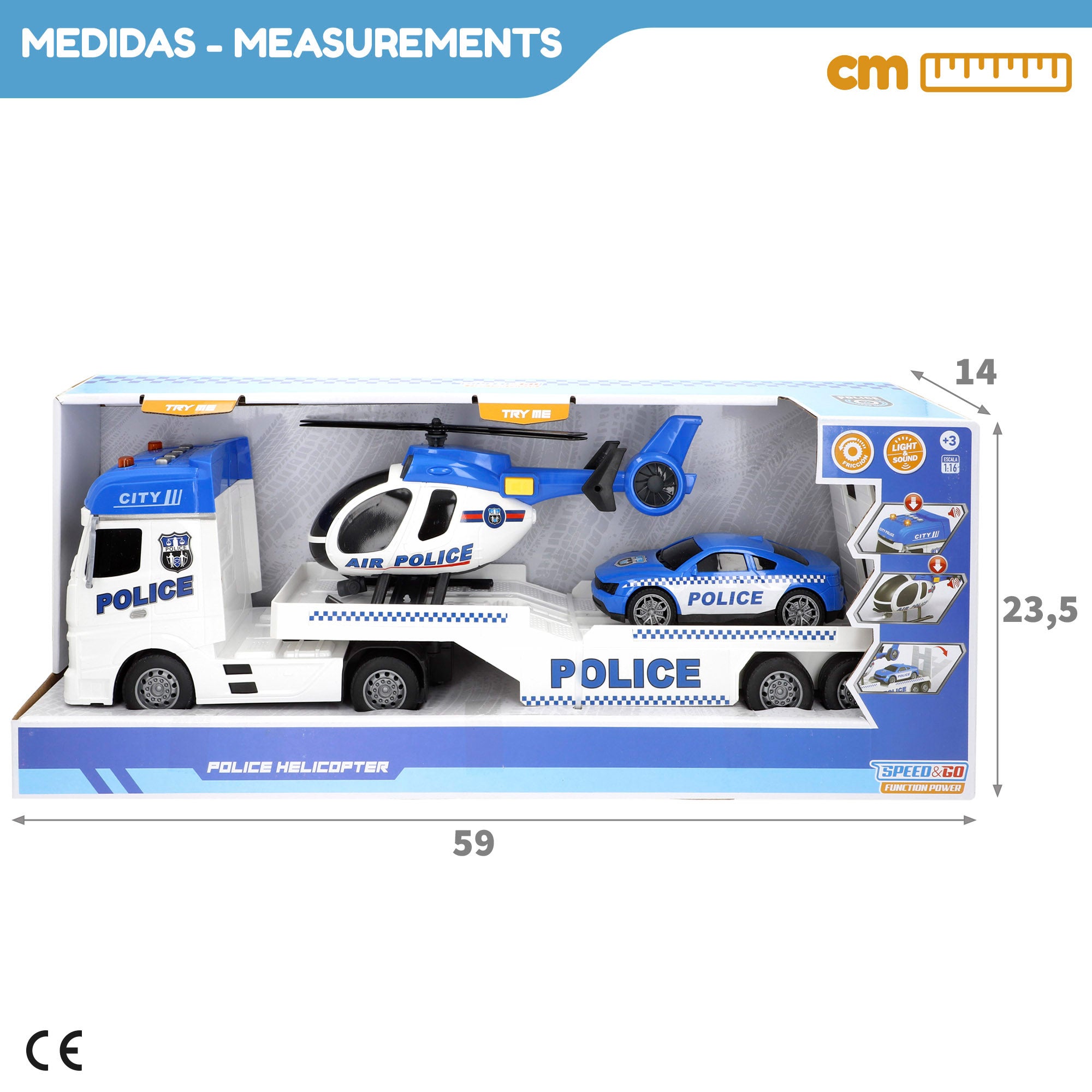 Camión portavehículos policía fricción con luz y sonido 1:12 Speed & Go