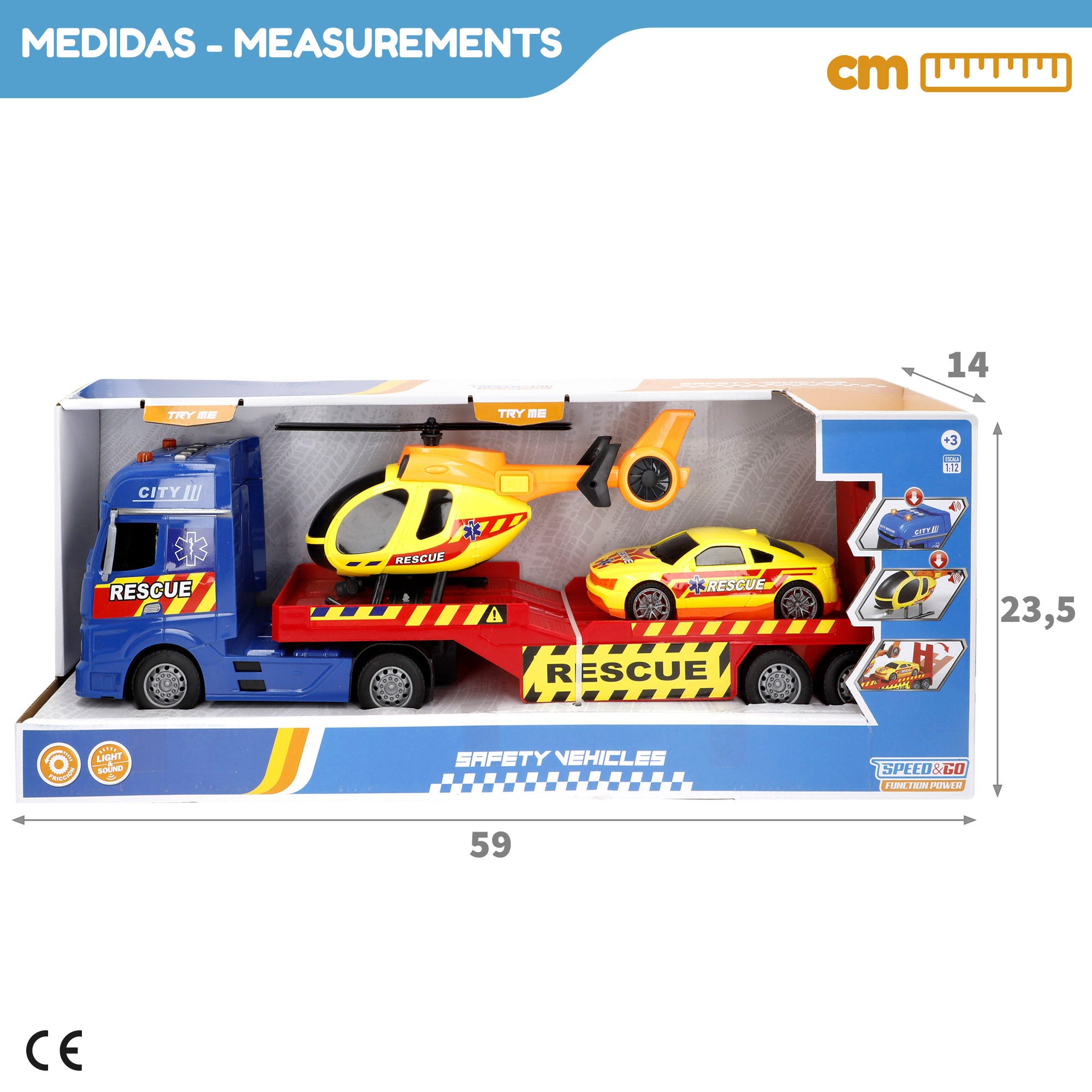 Camión portavehículos rescate fricción con luz y sonido 1:12 Speed & Go