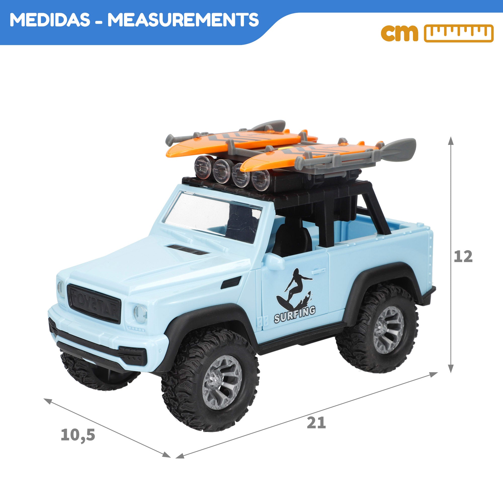 Coche todoterreno surf fricción con luz y sonido 1:16 Speed & Go