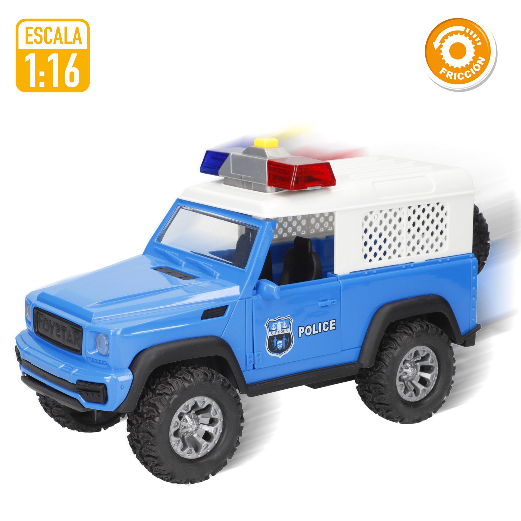 Coche todoterreno policía fricción con luz y sonido 1:16 Speed & Go