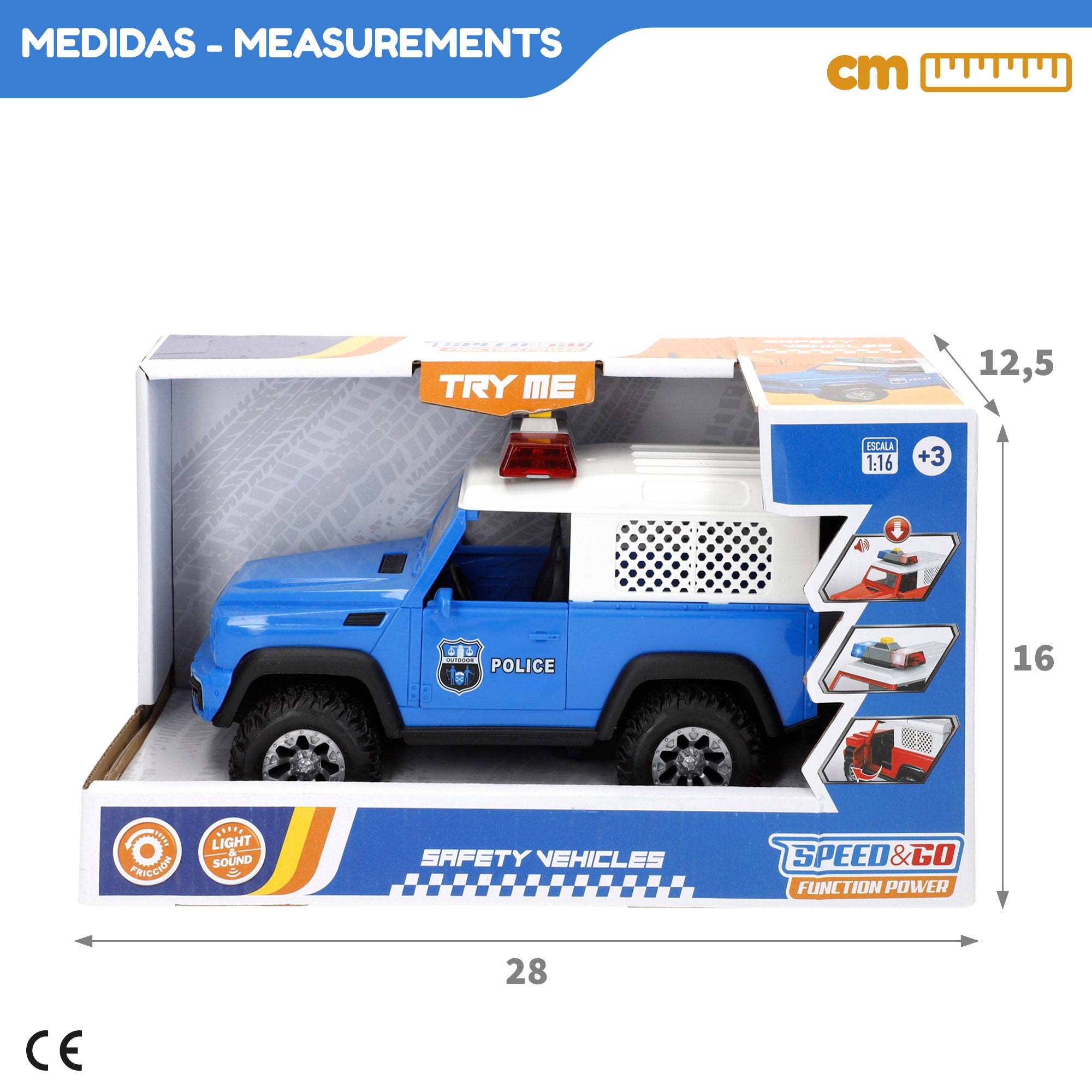 Coche todoterreno policía fricción con luz y sonido 1:16 Speed & Go