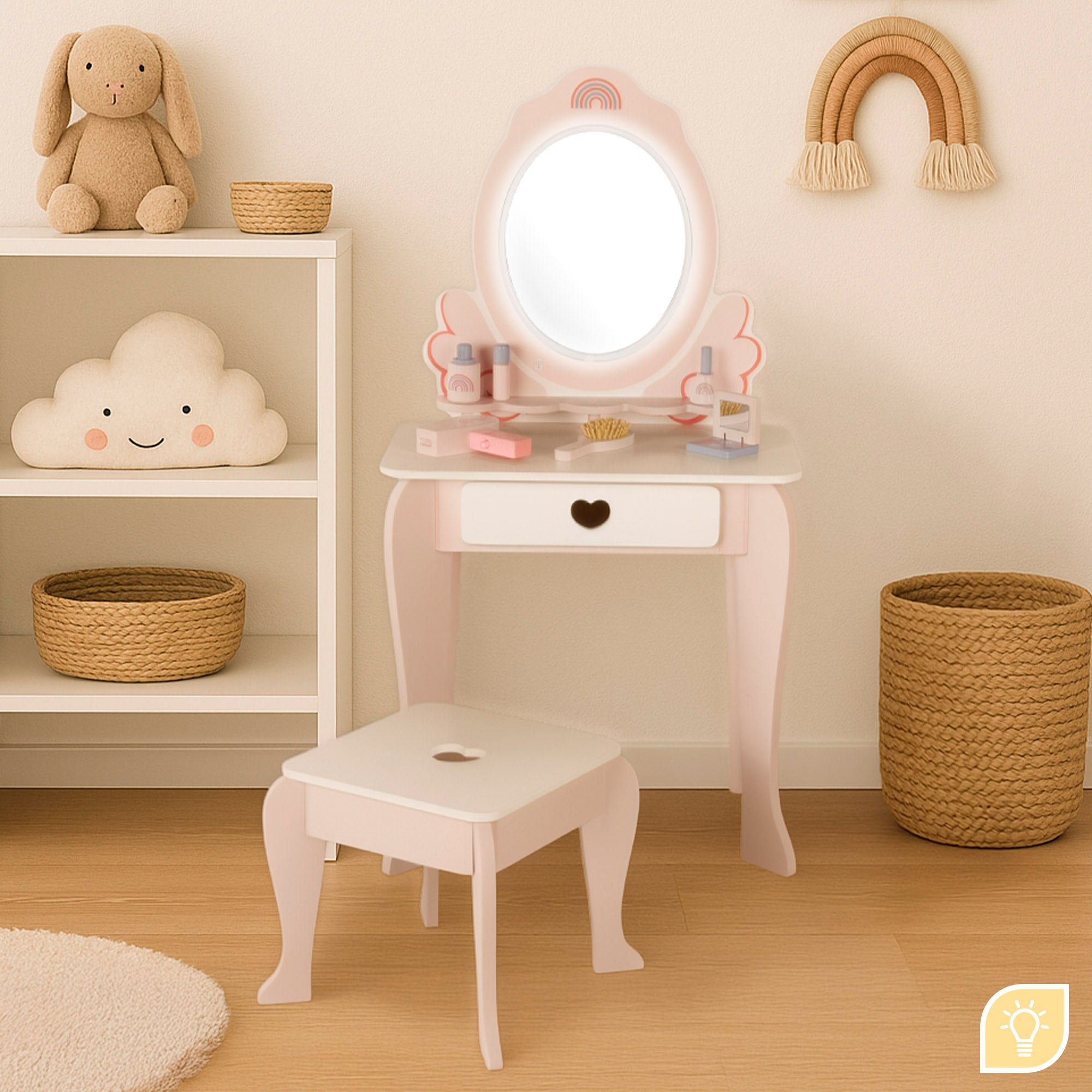 WOOMAX Tocador madera rosa con taburete y accesorios