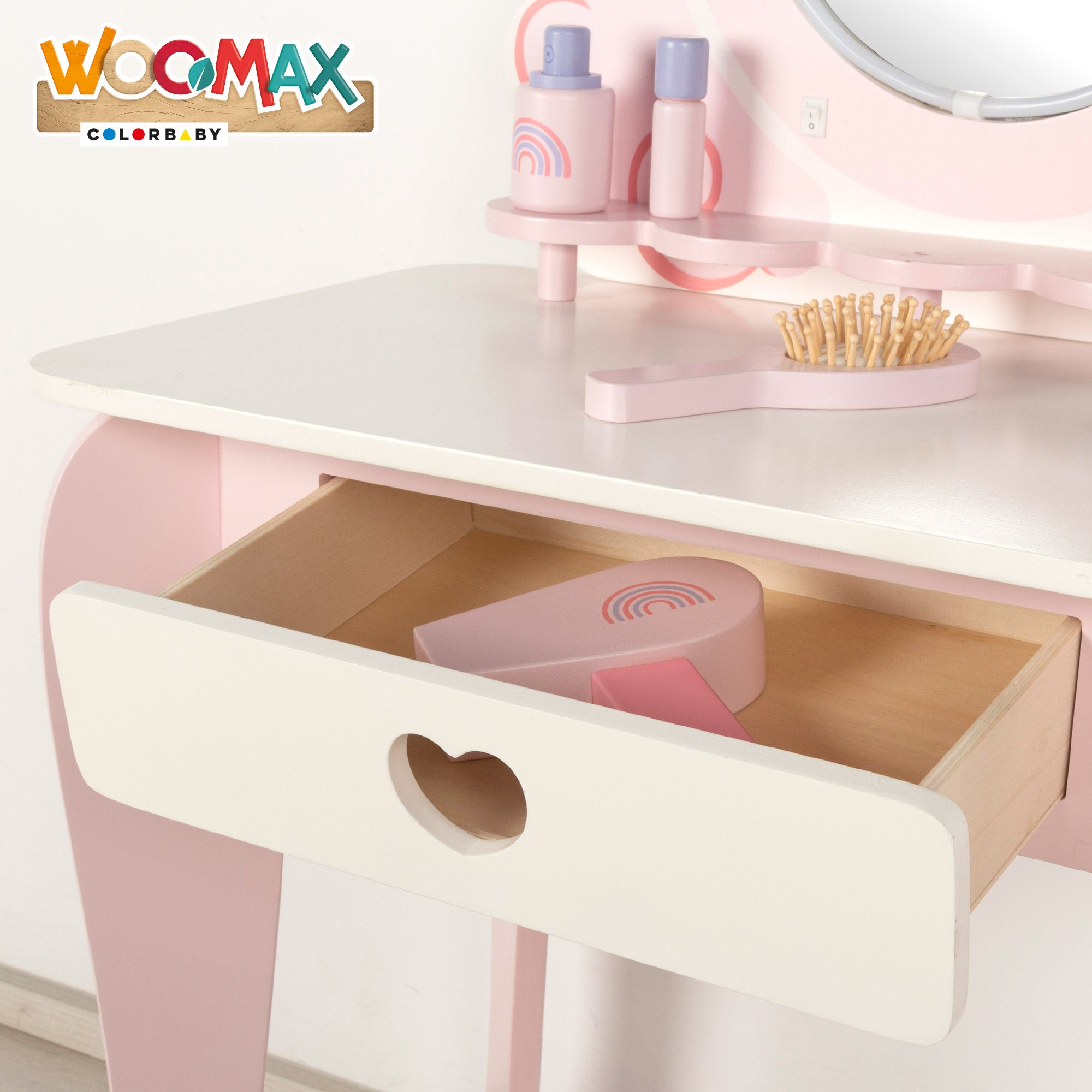WOOMAX Tocador madera rosa con taburete y accesorios