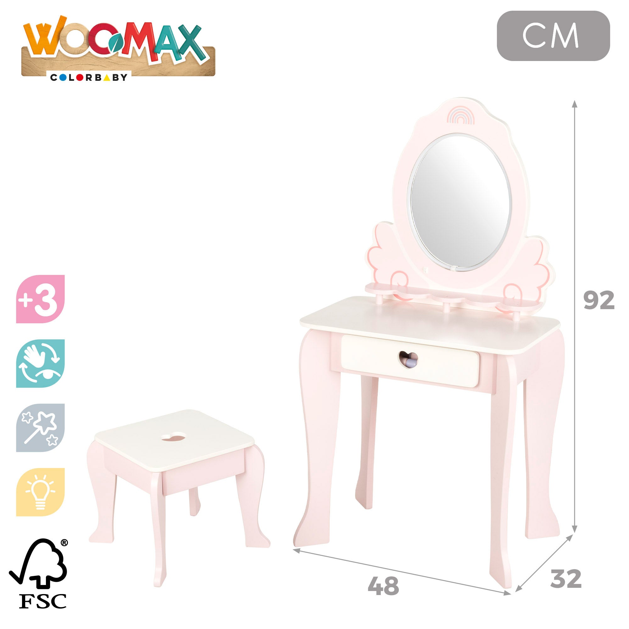 WOOMAX Tocador madera rosa con taburete y accesorios