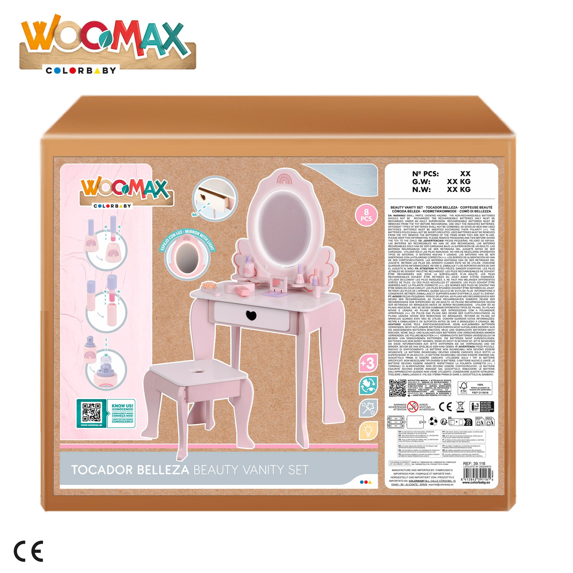 WOOMAX Tocador madera rosa con taburete y accesorios