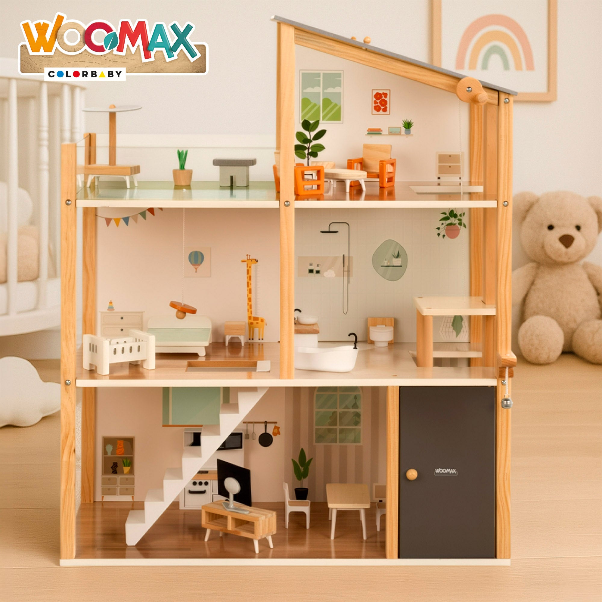 WOOMAX Casa de muñecas de madera 3 plantas con accesorios