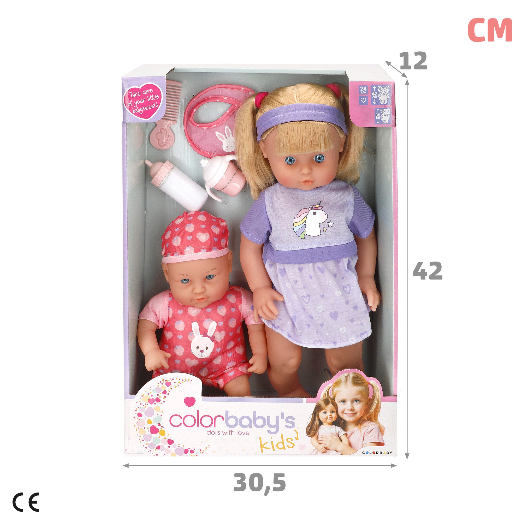 Set Muñeca niña 41 cm y bebé 32 cm con accesorios Colorbaby's