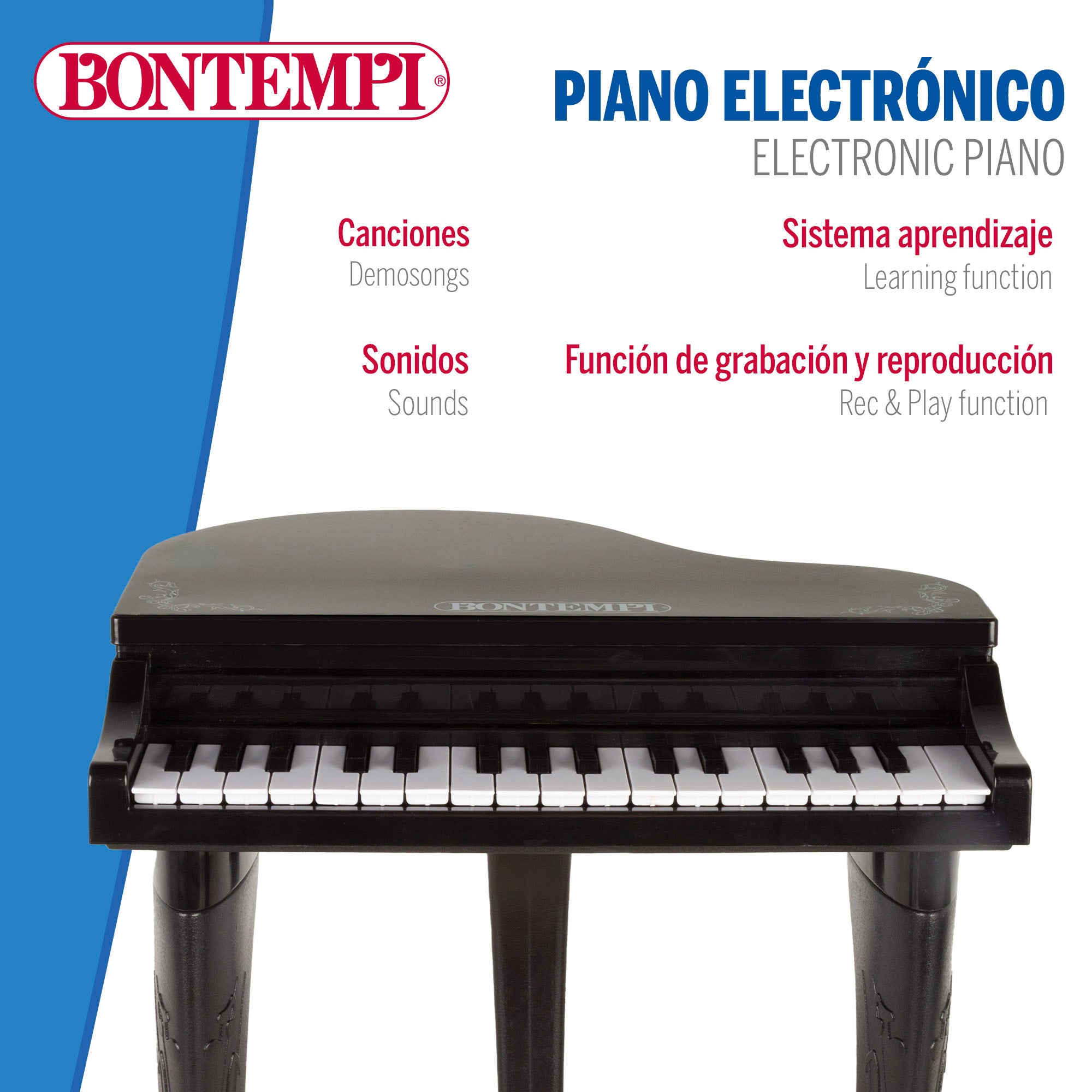 Piano cola infantil de juguete con micrófono y taburete 32 teclas Bontempi