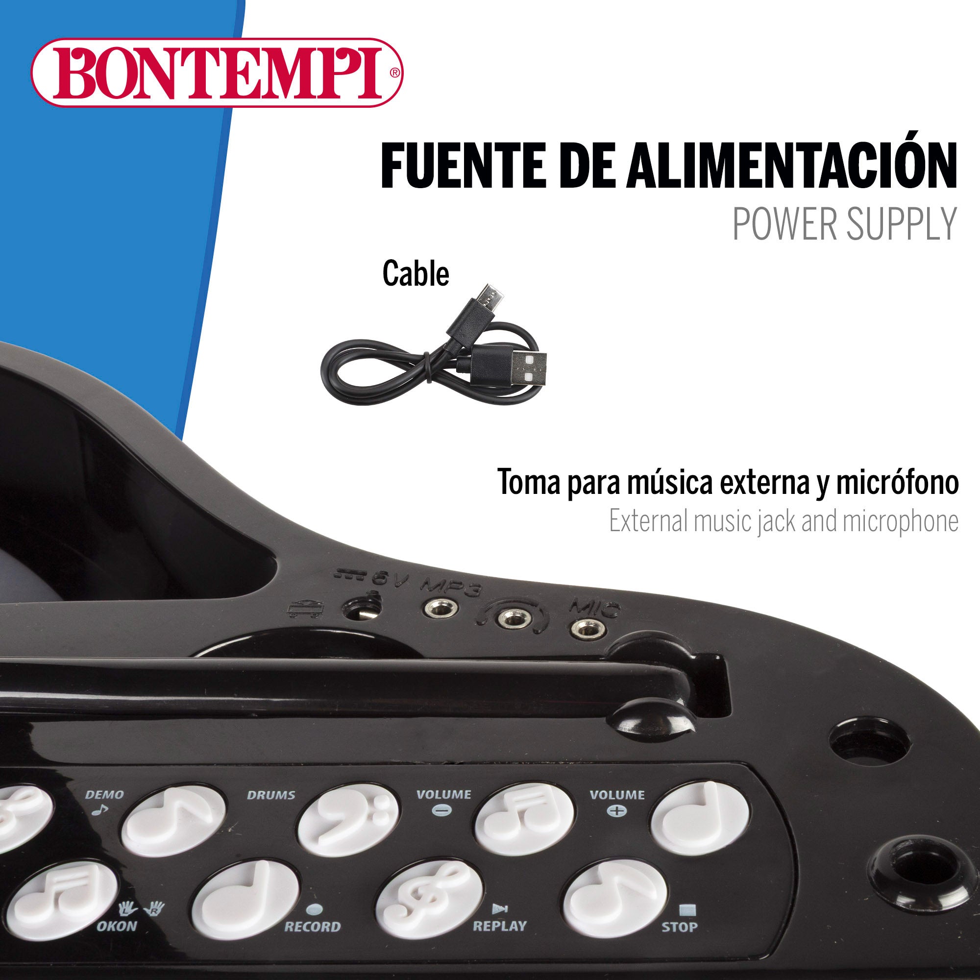 Piano cola infantil de juguete con micrófono y taburete 32 teclas Bontempi