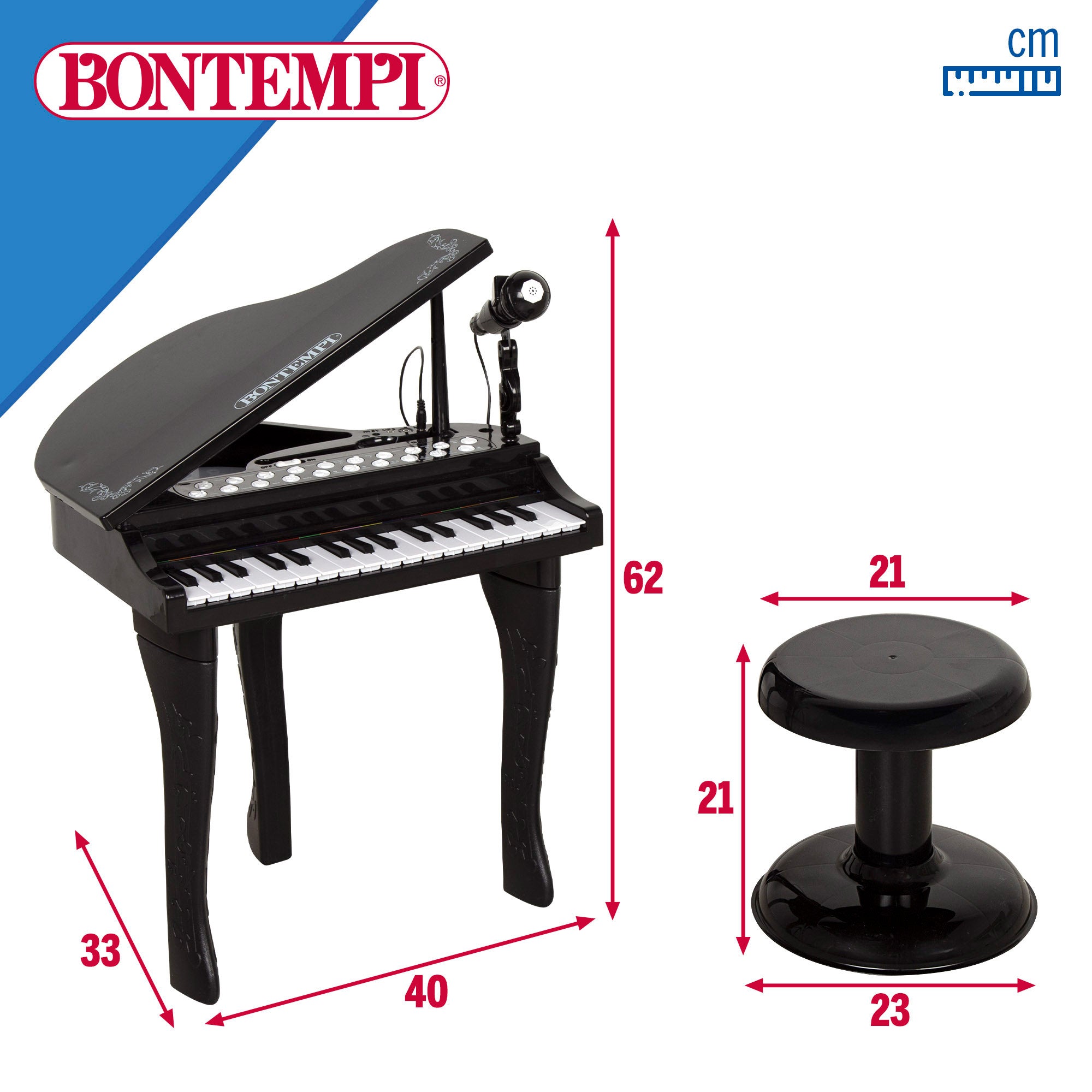 Piano cola infantil de juguete con micrófono y taburete 32 teclas Bontempi