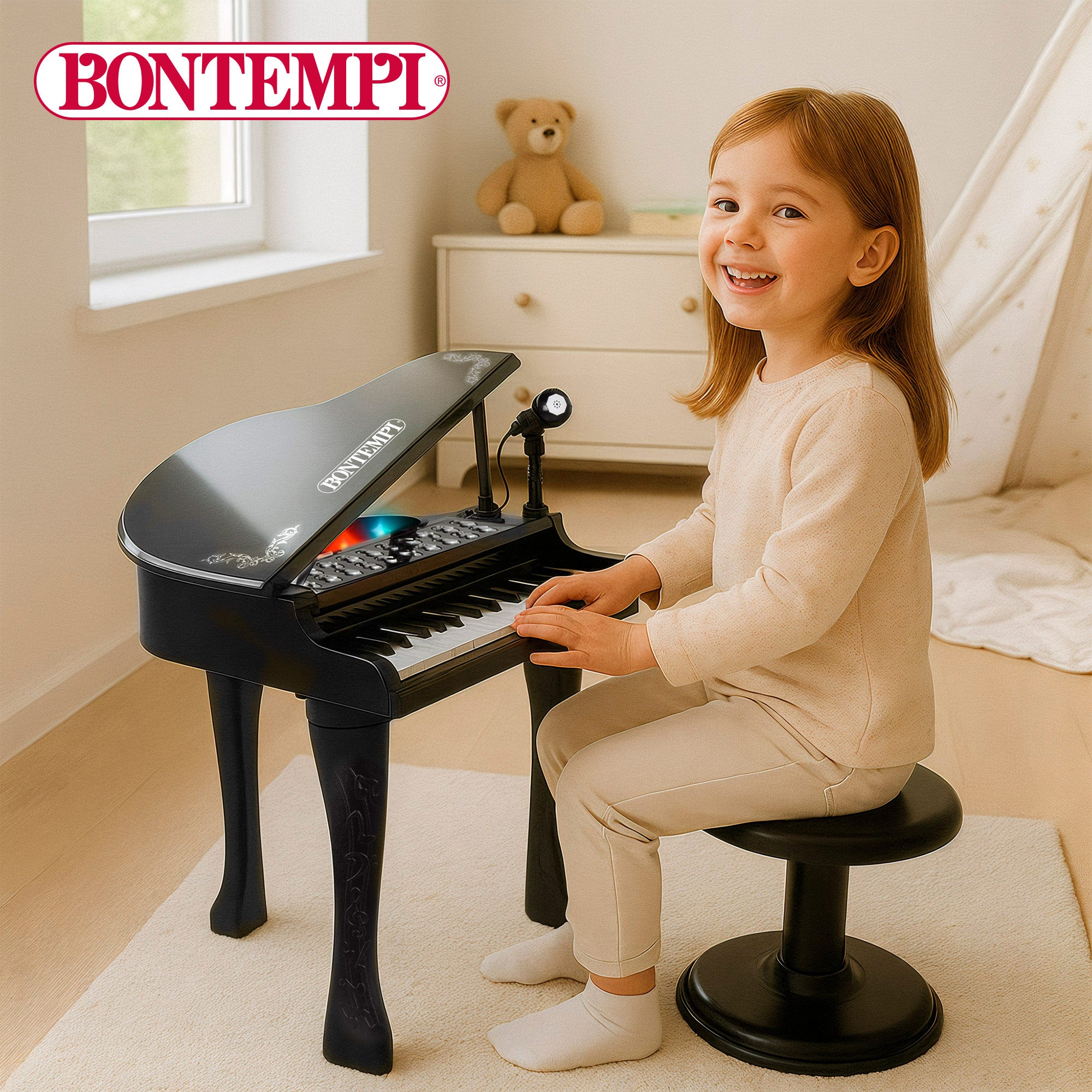 Piano cola infantil de juguete con micrófono y taburete 32 teclas Bontempi