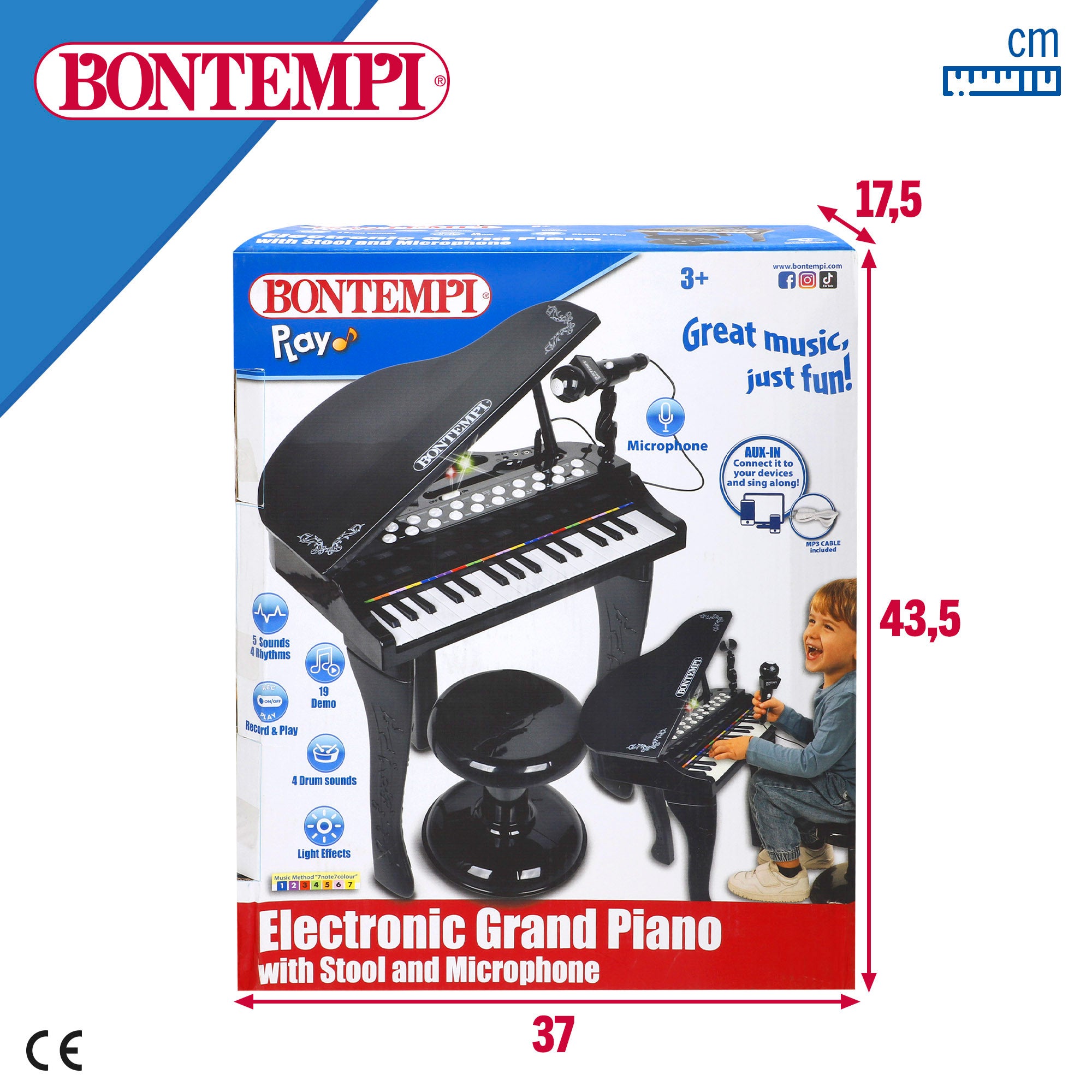 Piano cola infantil de juguete con micrófono y taburete 32 teclas Bontempi
