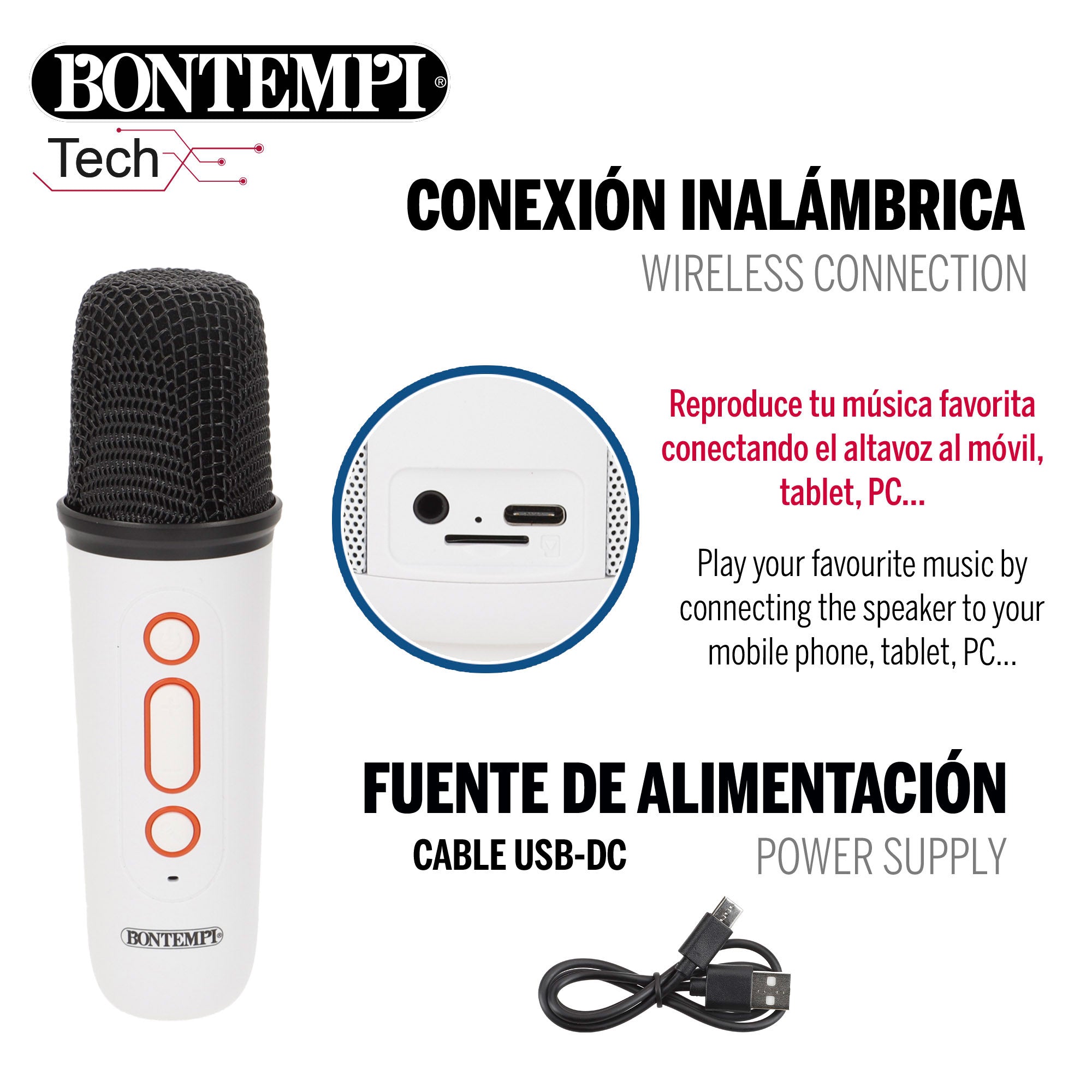 Altavoz mini inalámbrico 80W blanco con micrófono y luces Bontempi