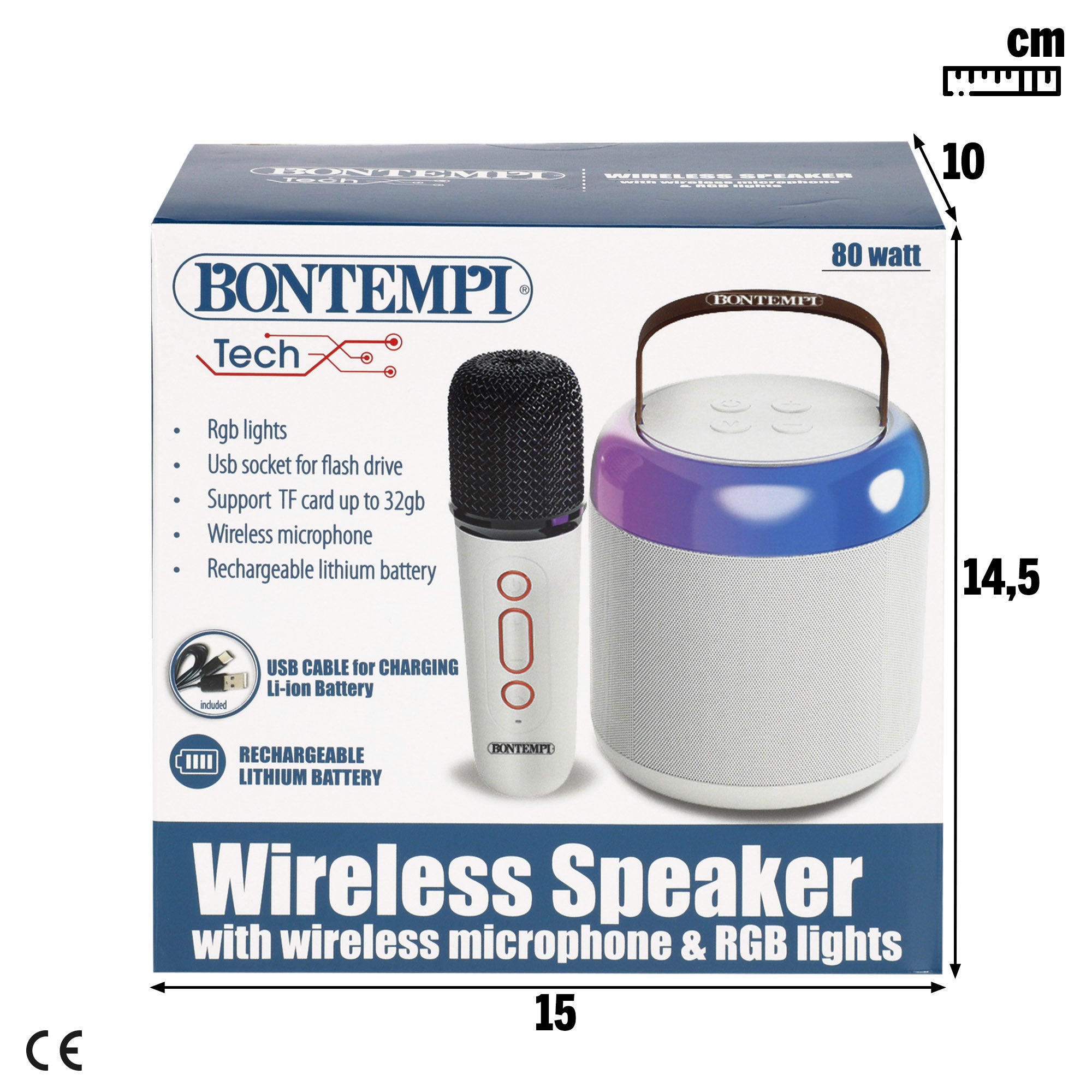 Altavoz mini inalámbrico 80W blanco con micrófono y luces Bontempi