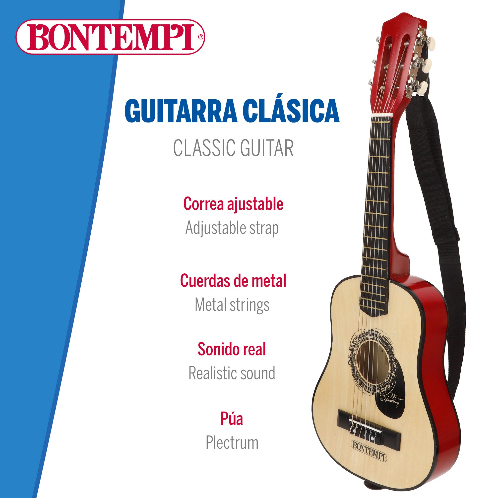 Guitarra juguete clásica de madera 75 cm con correa Bontempi