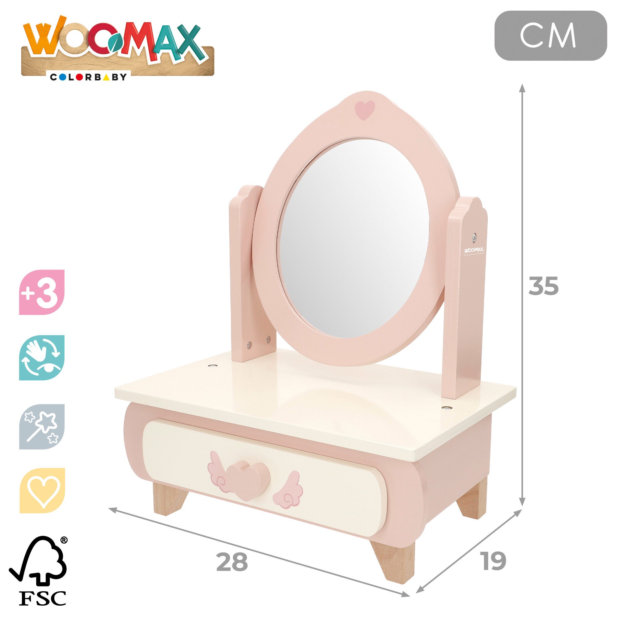 WOOMAX Tocador de madera con accesorios y espejo 28x19x35 cm