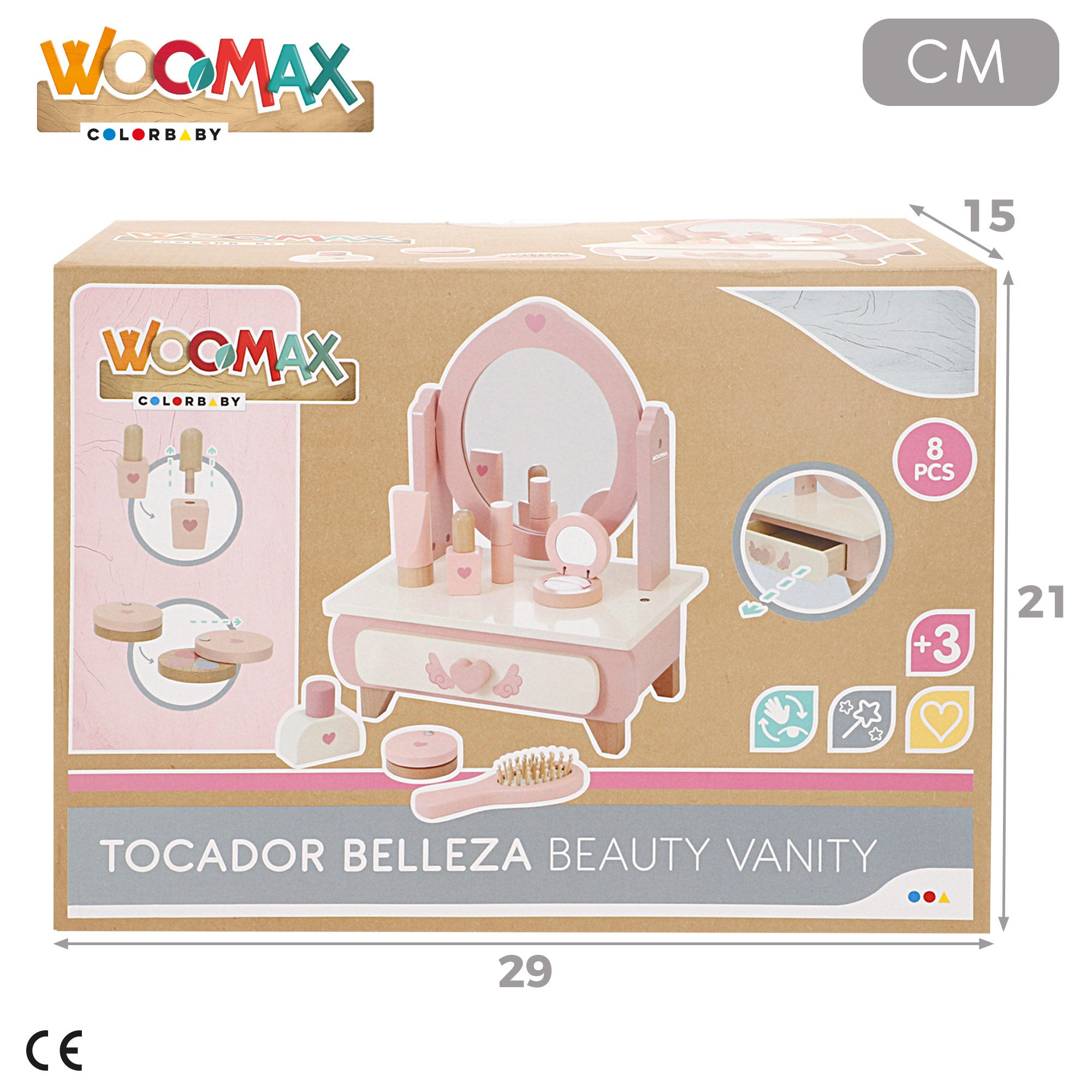 WOOMAX Tocador de madera con accesorios y espejo 28x19x35 cm