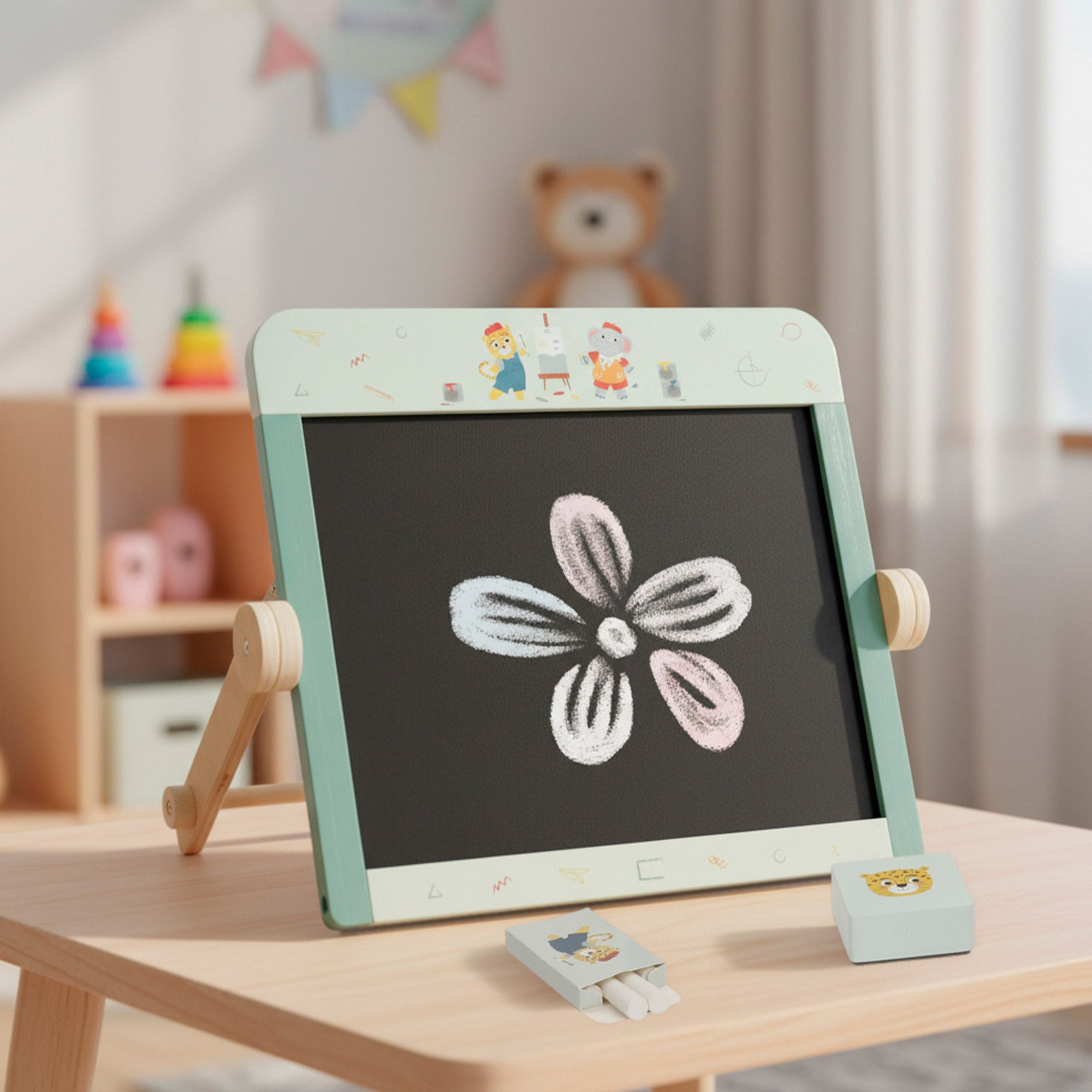 WOOMAX Pizarra doble cara infantil de madera con accesorios