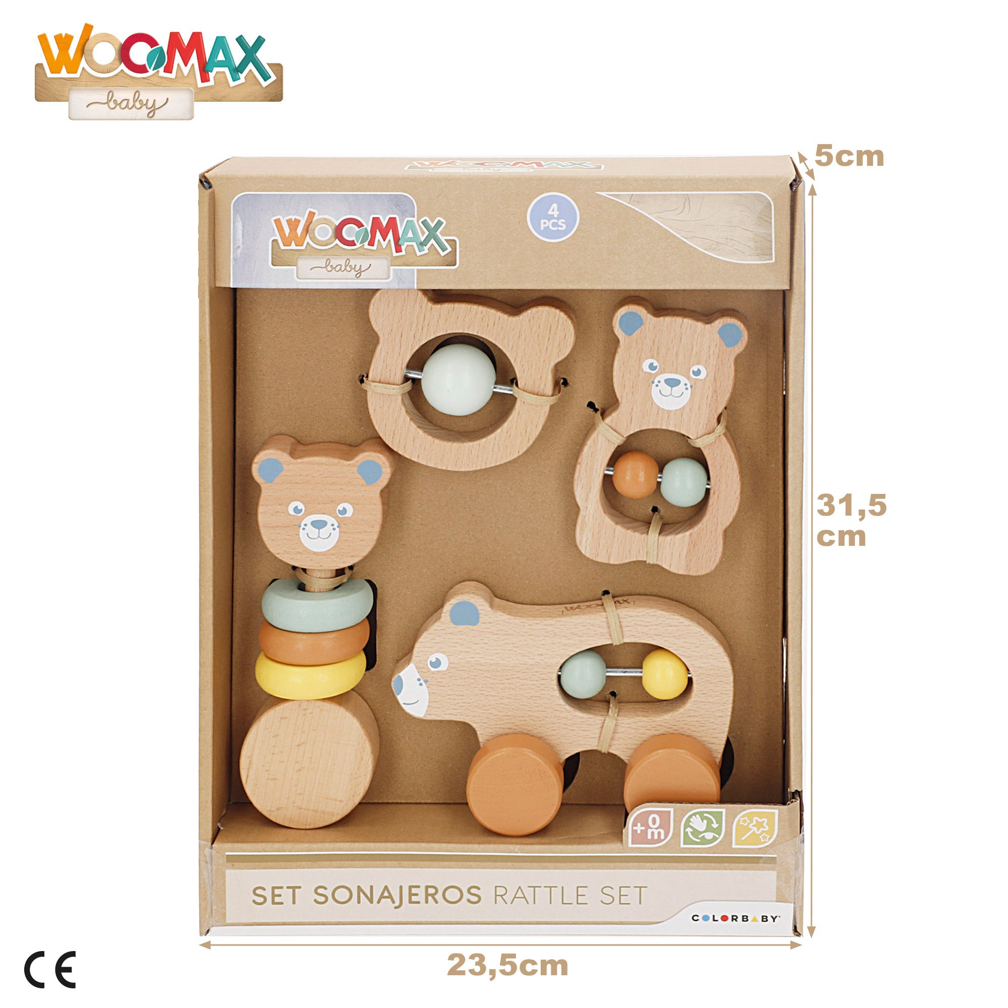 WOOMAX Set 4 sonajeros bebé recién nacido madera