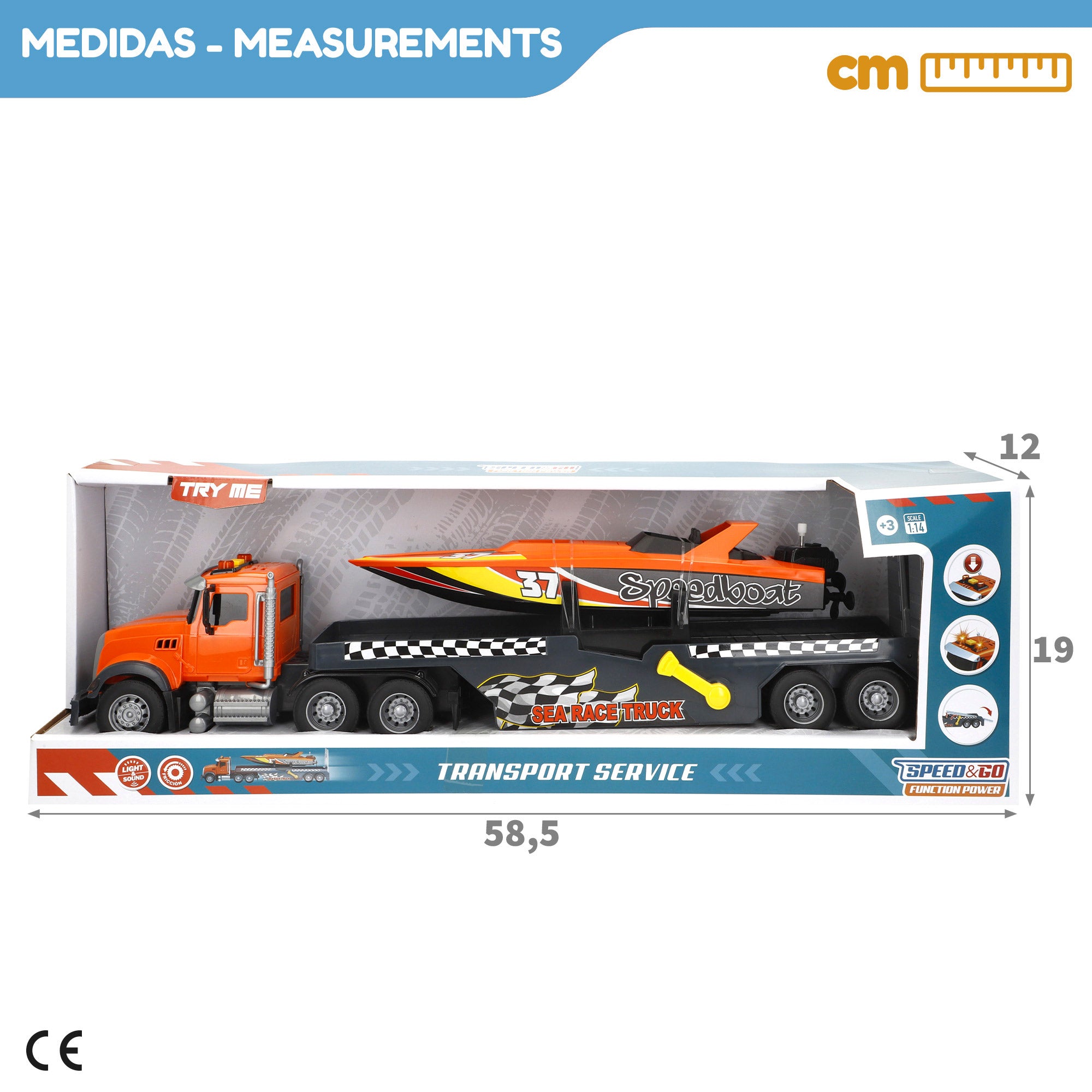Camión transporte con luz y sonido 1:14 + lancha de juguete Speed & Go