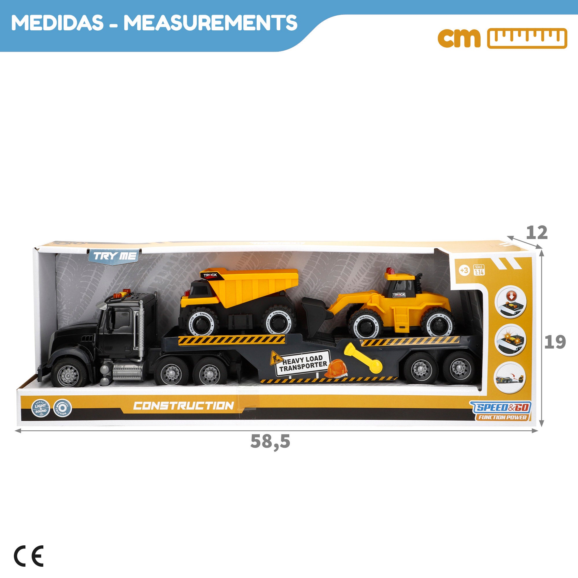 Camión transporte con luz y sonido 1:14 + 2 vehículos de construcción Speed & Go