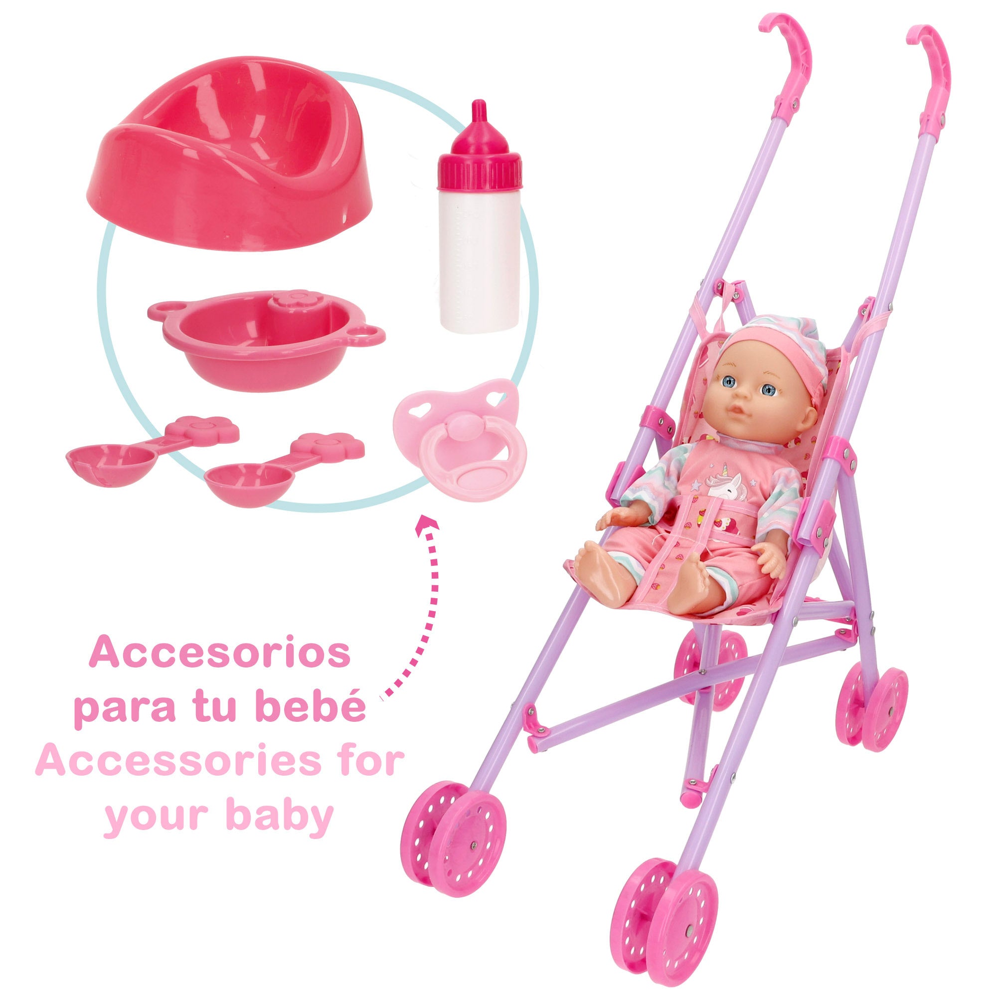 Muñeco bebé que habla con carrito plegable y accesorios Colorbaby's