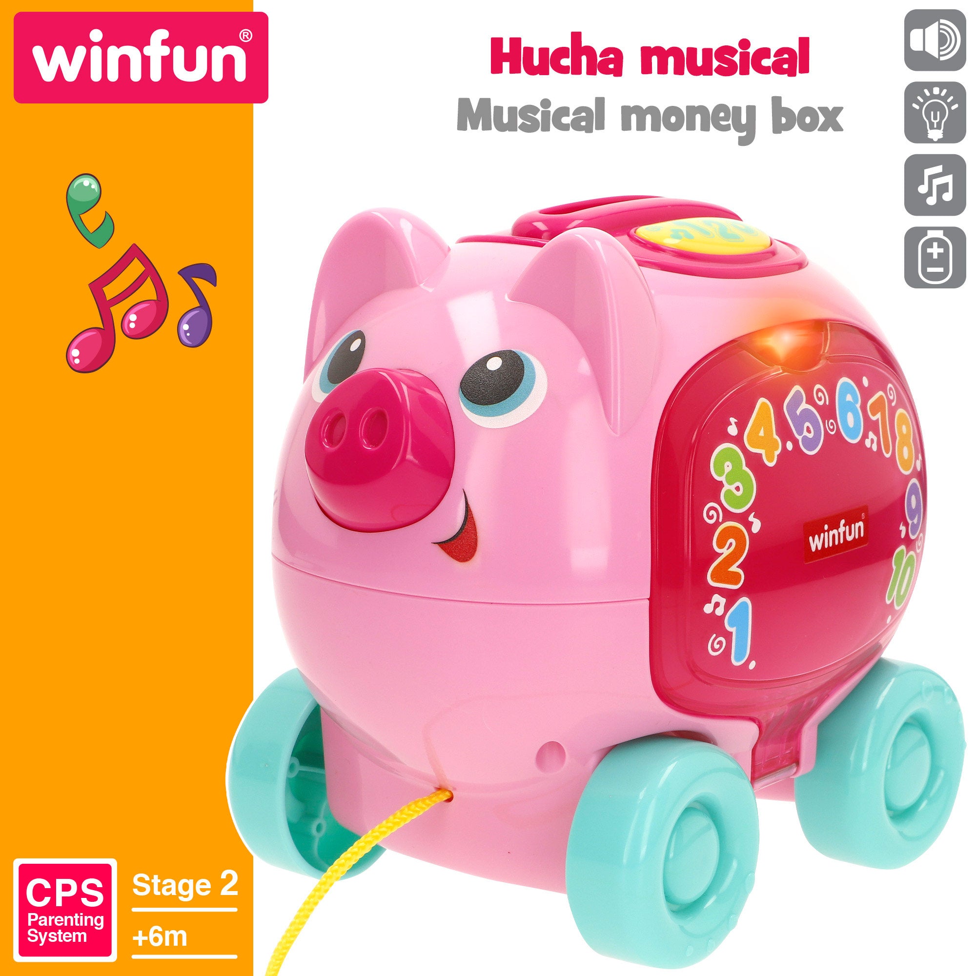 Winfun Hucha cerdito de arrastre con luz, sonidos y frases en español e inglés