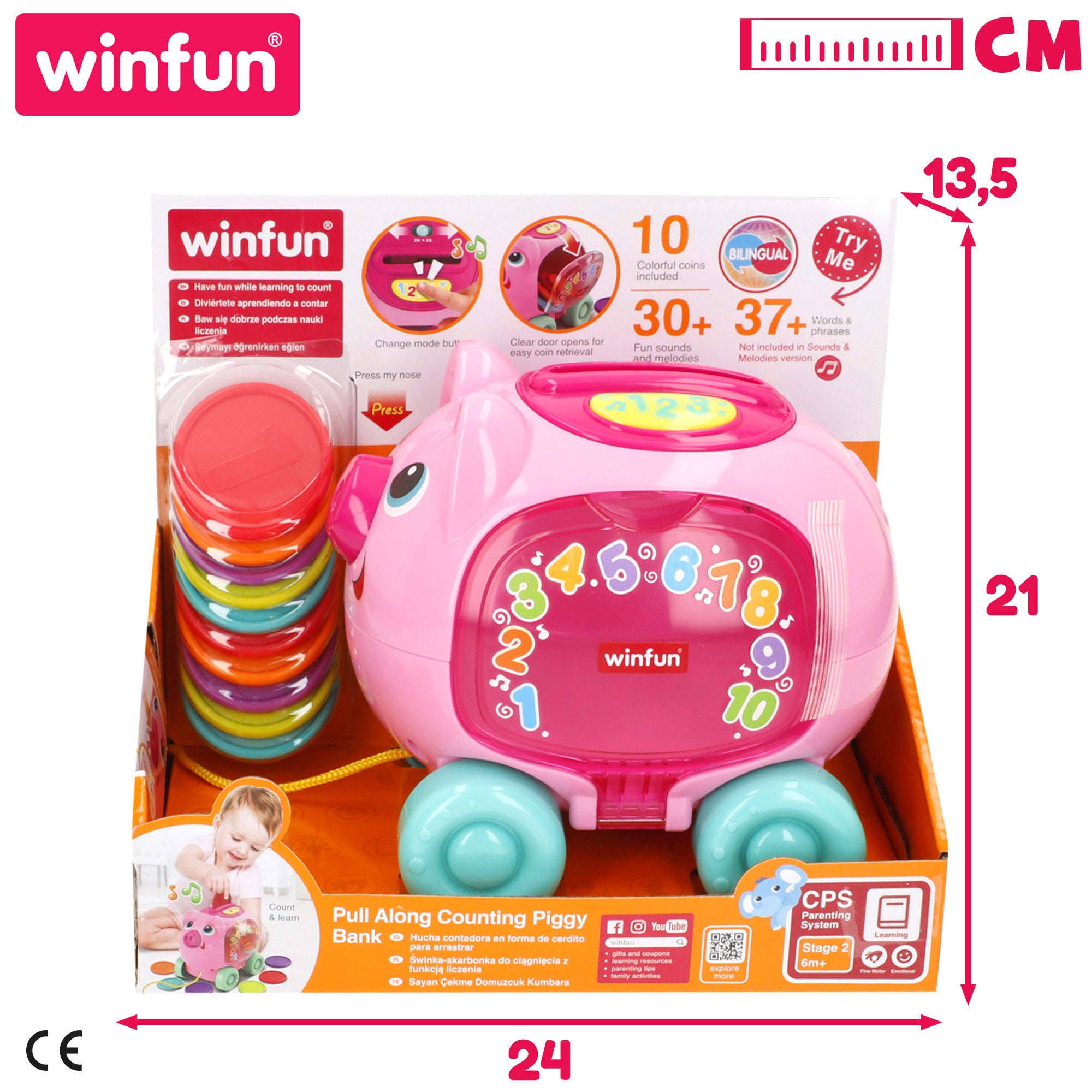 Winfun Hucha cerdito de arrastre con luz, sonidos y frases en español e inglés