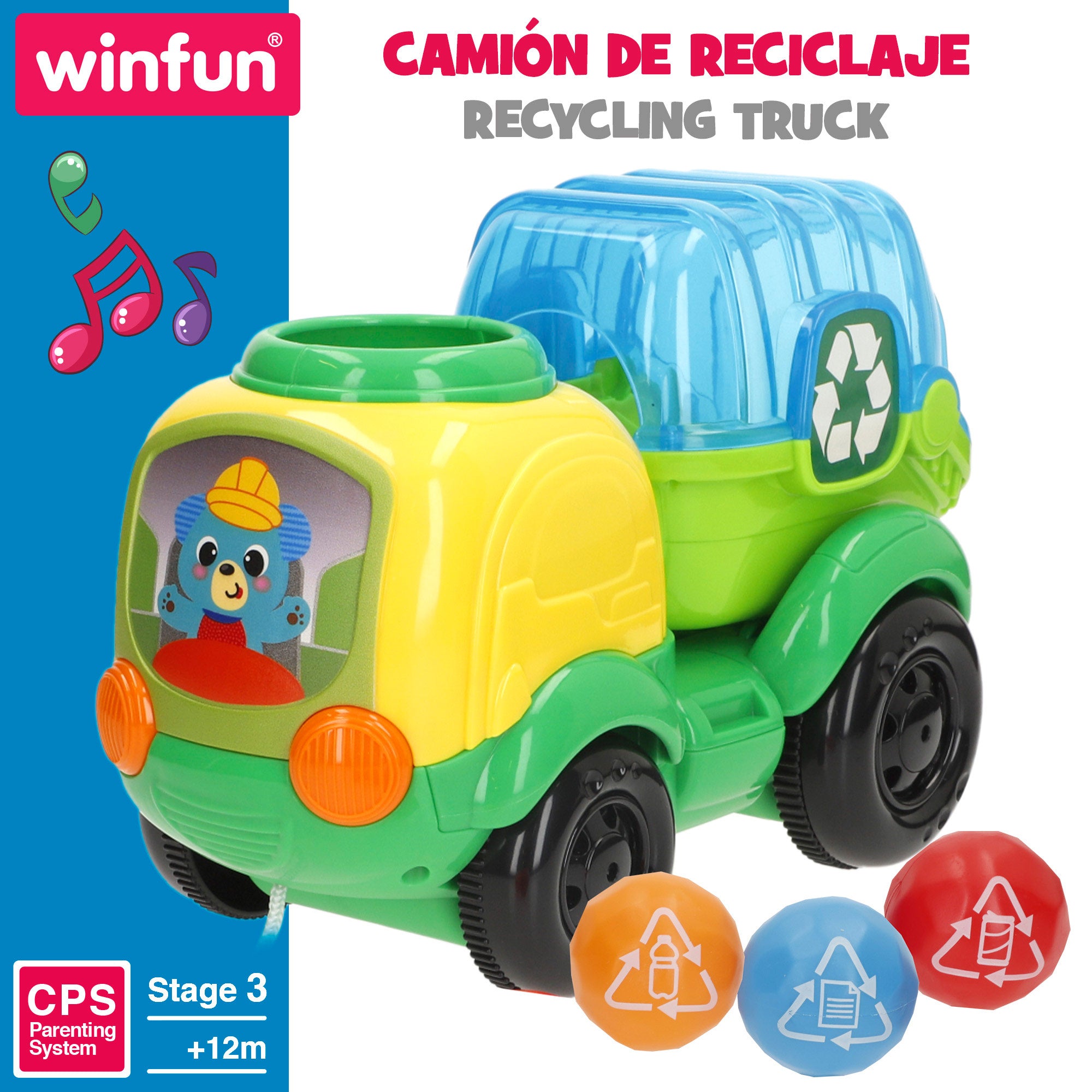 Winfun Camión reciclaje de arrastre con luces, frases y sonidos