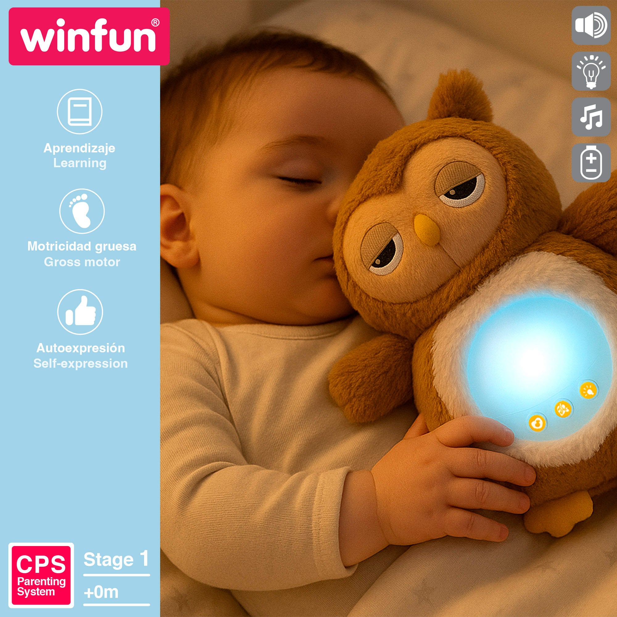 Winfun Búho peluche con luces y sonidos relajantes