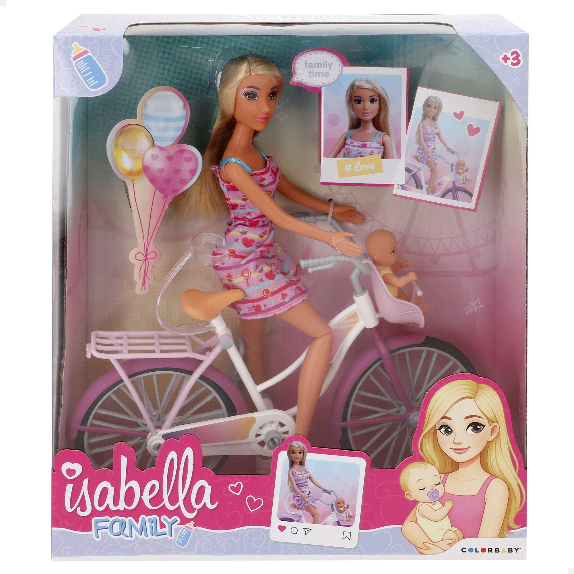 Muñeca 30 cm con bicicleta y bebé Isabella