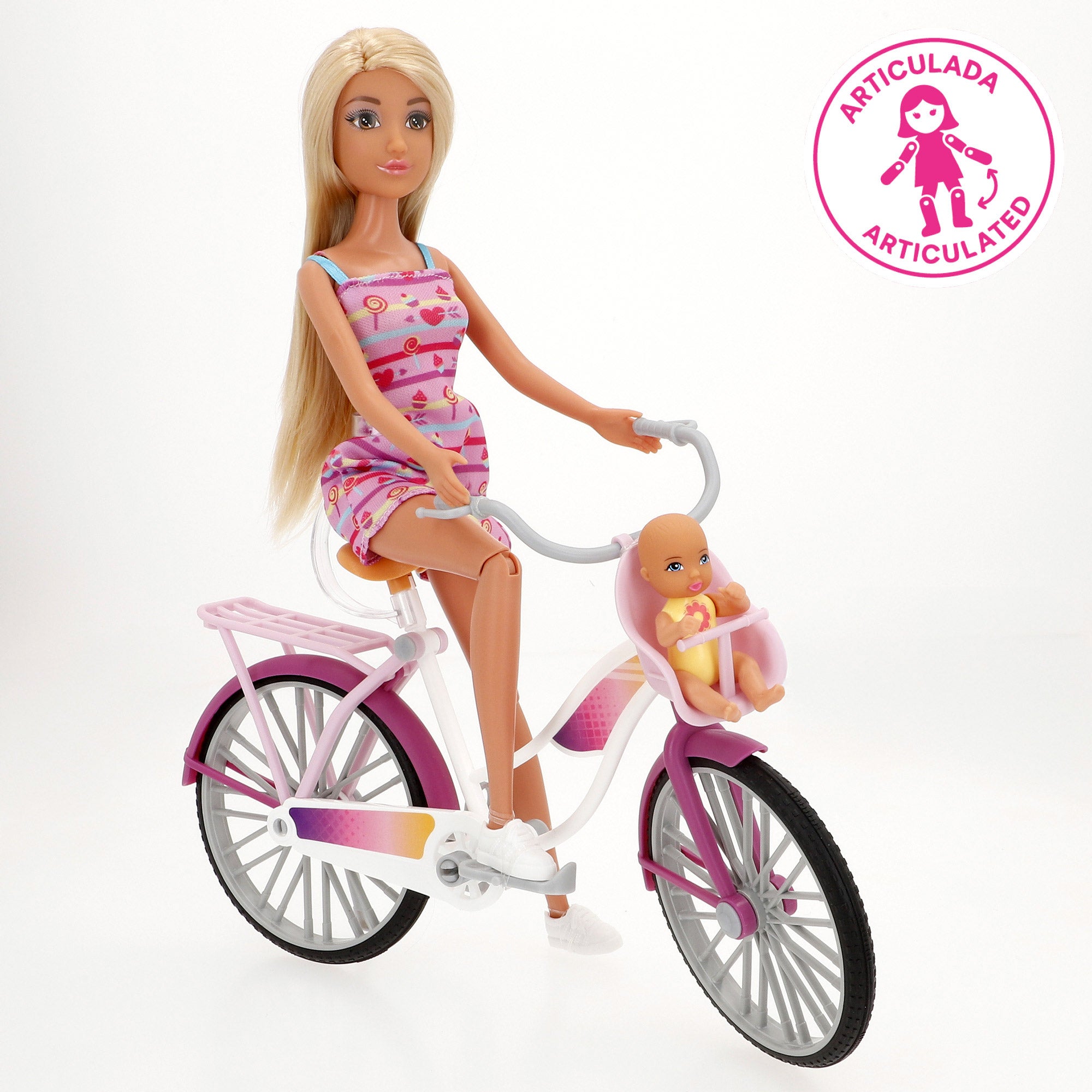 Muñeca 30 cm con bicicleta y bebé Isabella