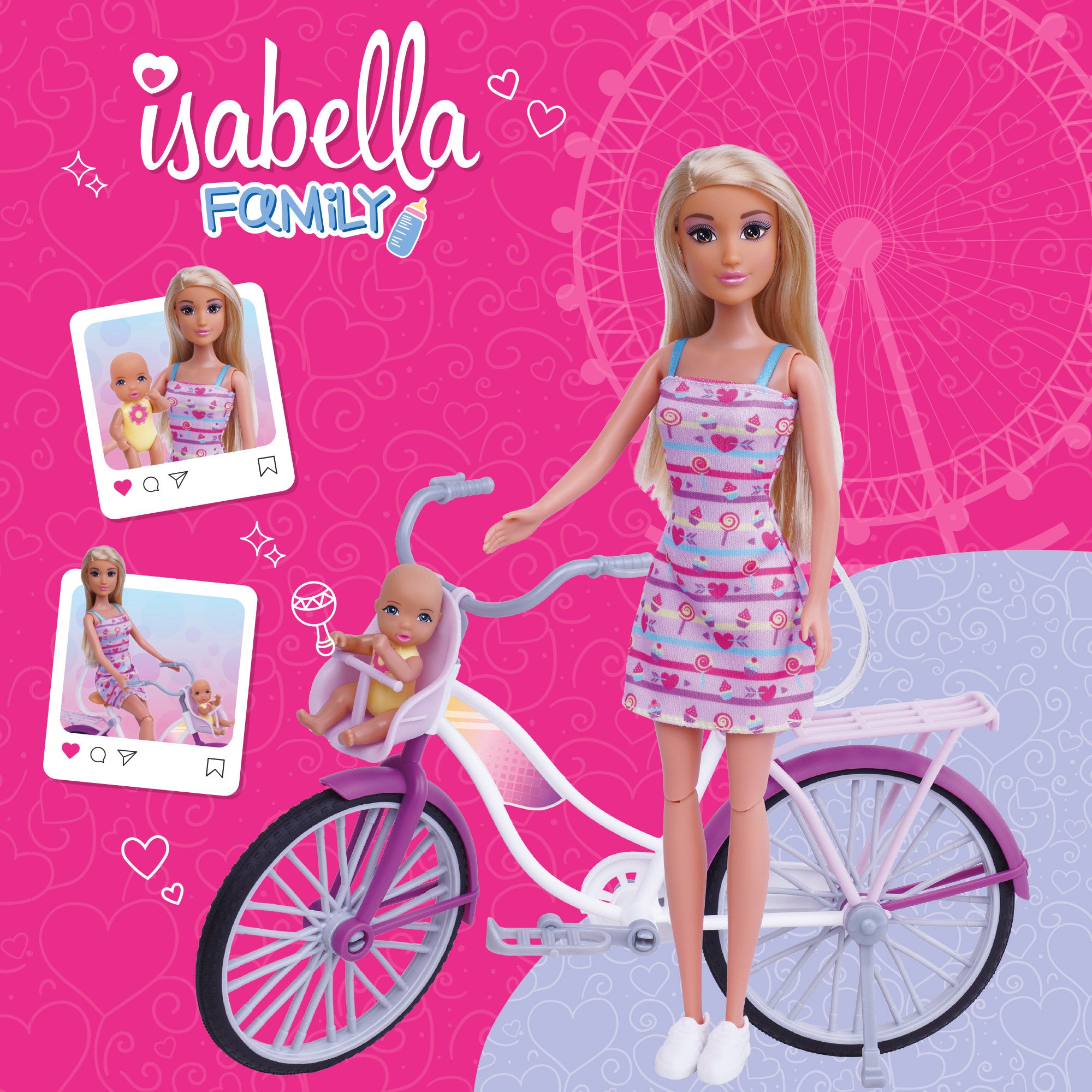 Muñeca 30 cm con bicicleta y bebé Isabella