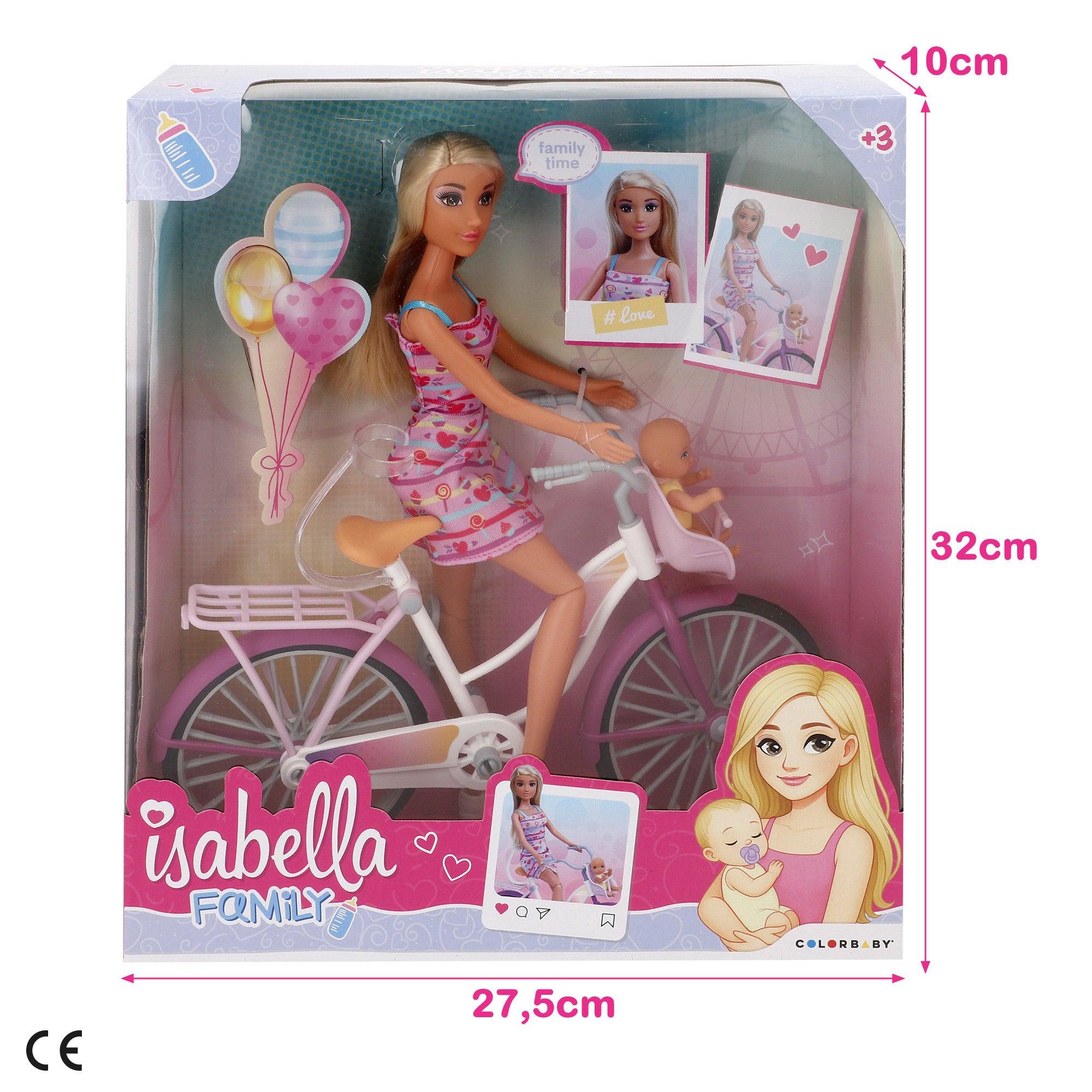 Muñeca 30 cm con bicicleta y bebé Isabella