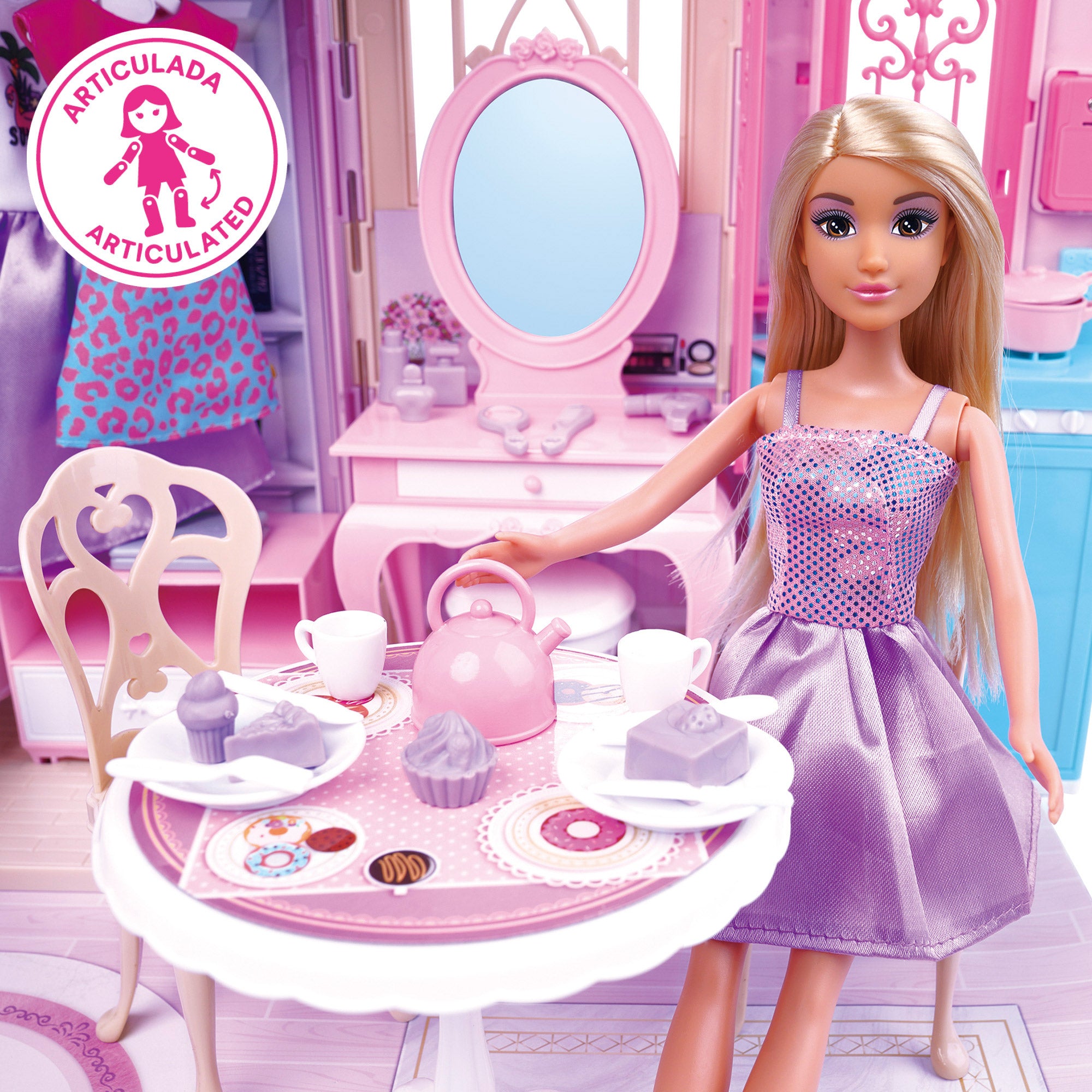 Casita de muñecas con muñeca 30 cm y más de 60 accesorios Isabella