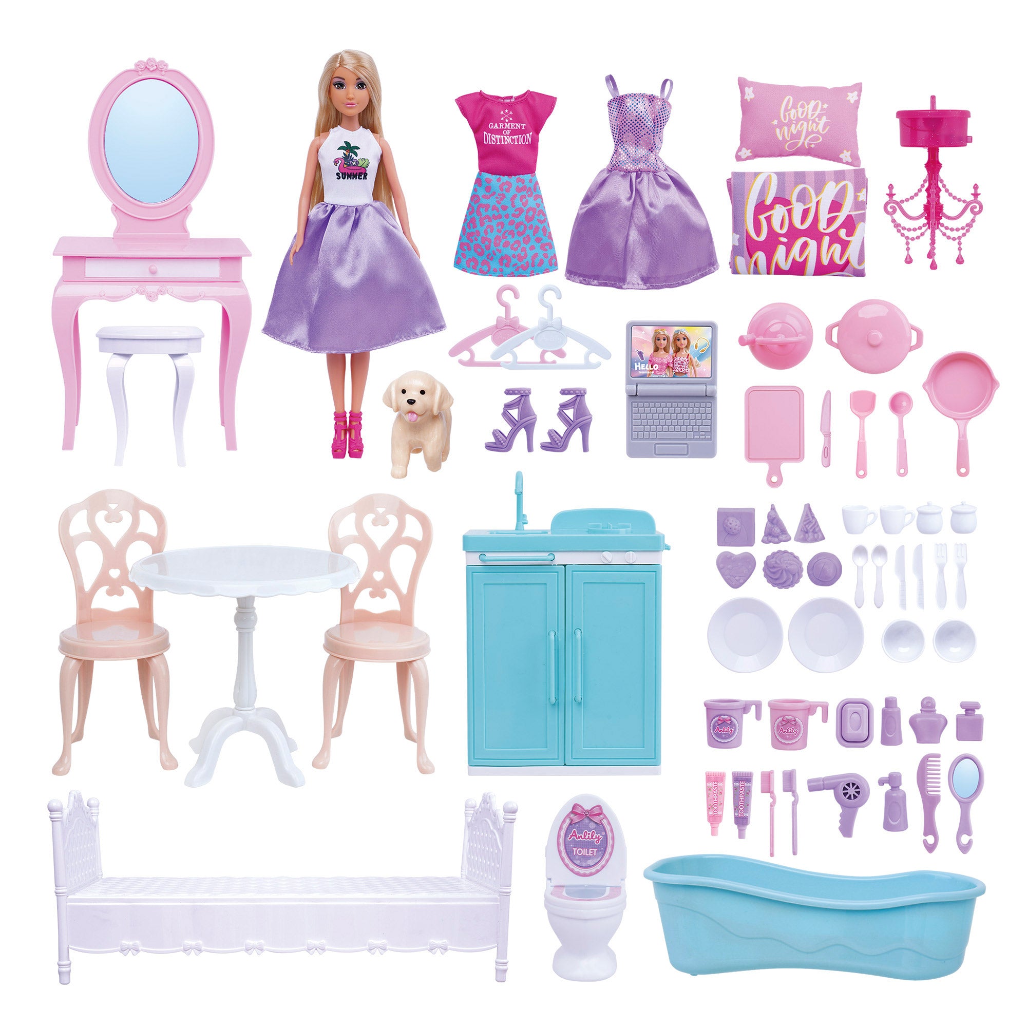 Casita de muñecas con muñeca 30 cm y más de 60 accesorios Isabella