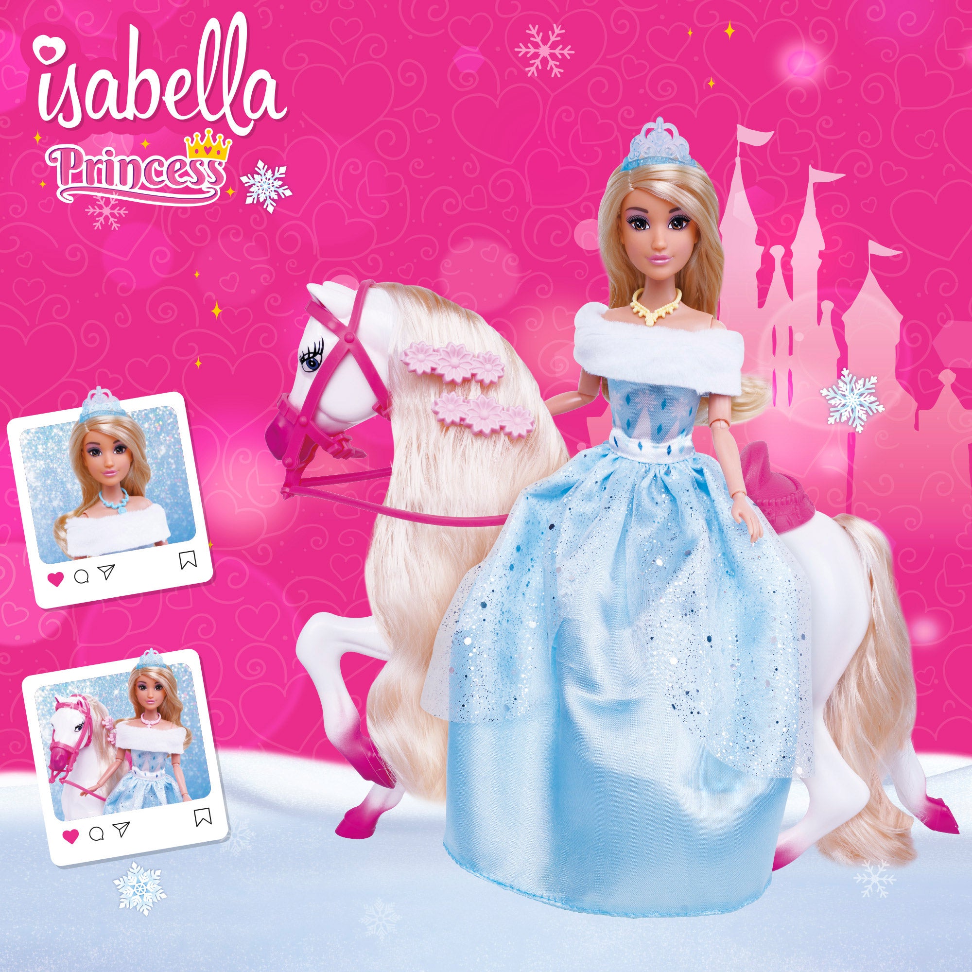 Muñeca princesa 30 cm con caballo blanco y accesorios Isabella