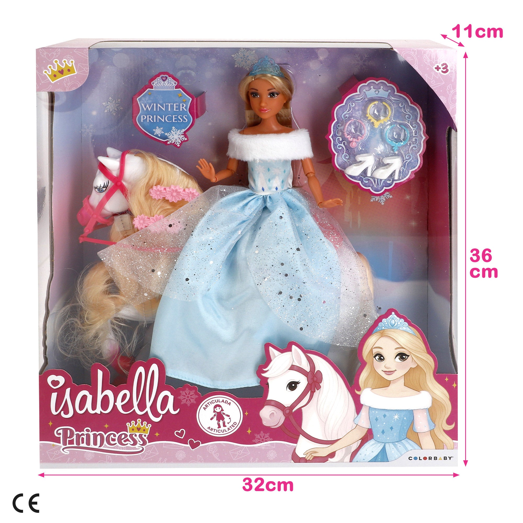Muñeca princesa 30 cm con caballo blanco y accesorios Isabella