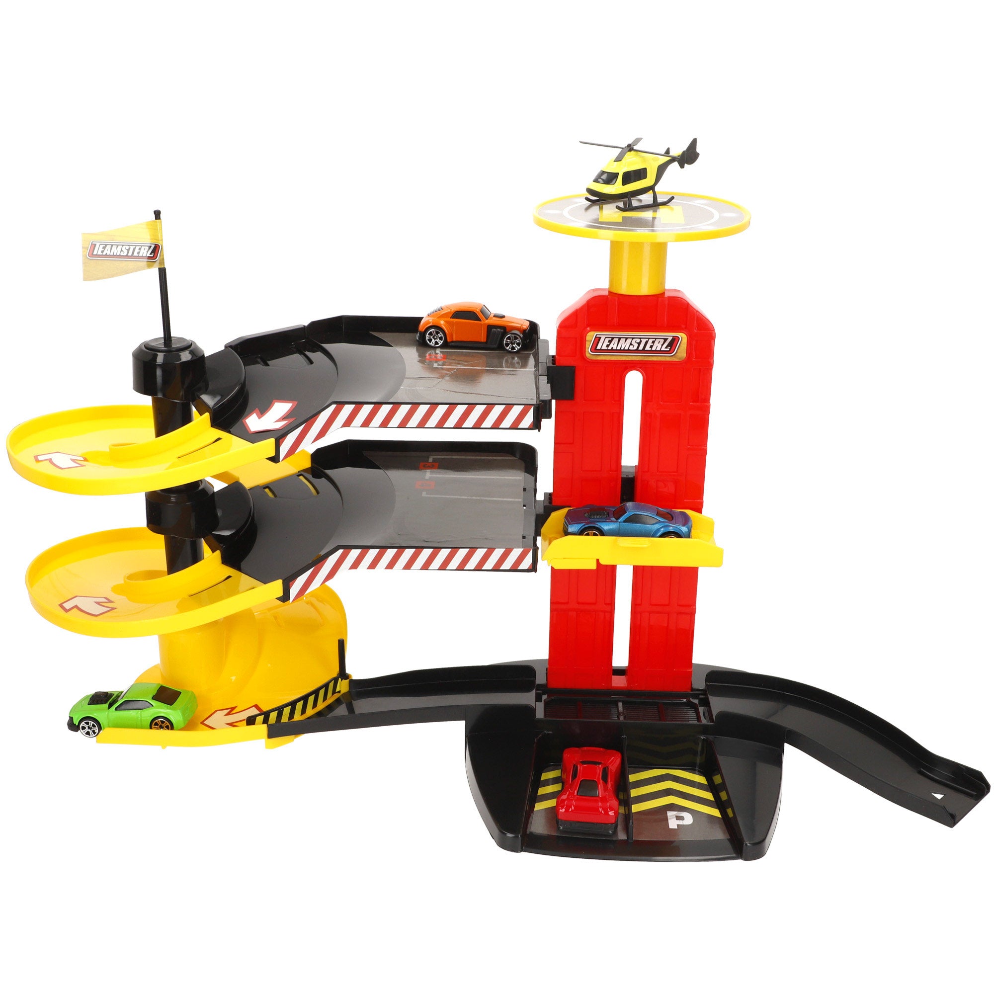 Parking de coches 3 niveles con helicóptero y coches metálicos Teamsterz