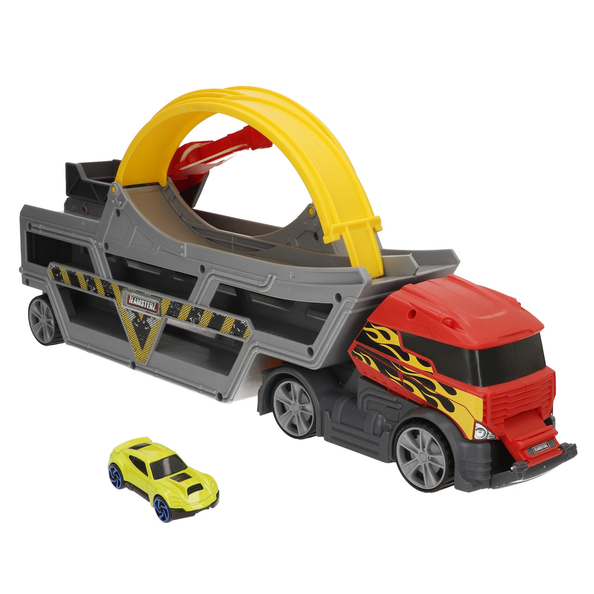 Camión lanzador de coches con pista looping y coche metálico Teamsterz
