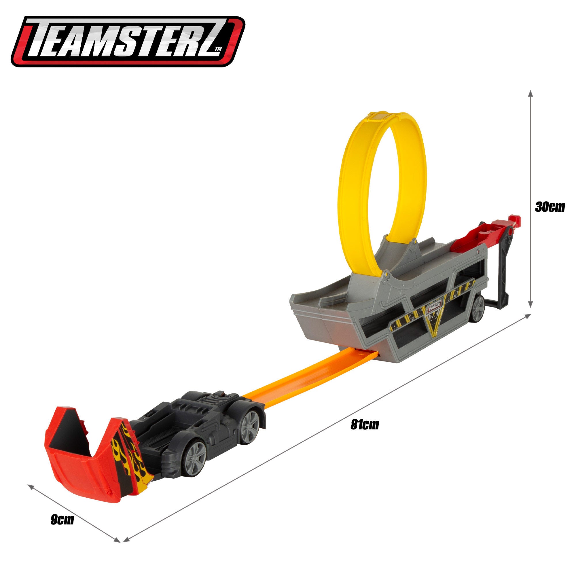 Camión lanzador de coches con pista looping y coche metálico Teamsterz