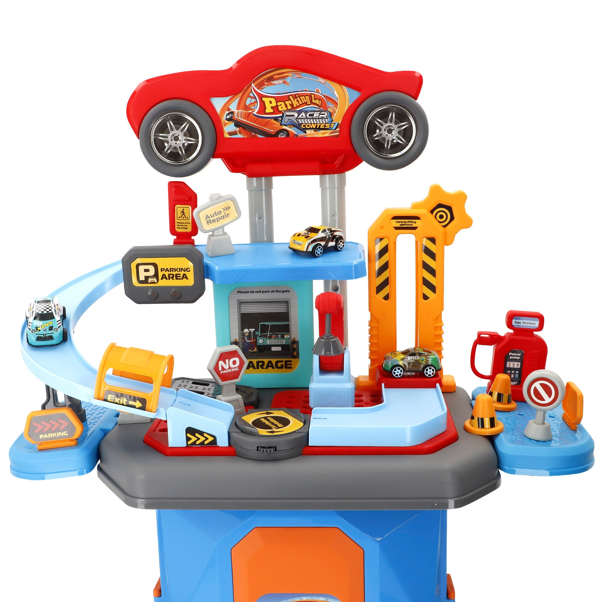 Aparcamiento en la ciudad 2 en 1 con 3 coches metálicos y maletín portátil (47x24x66 cm) Speed & Go