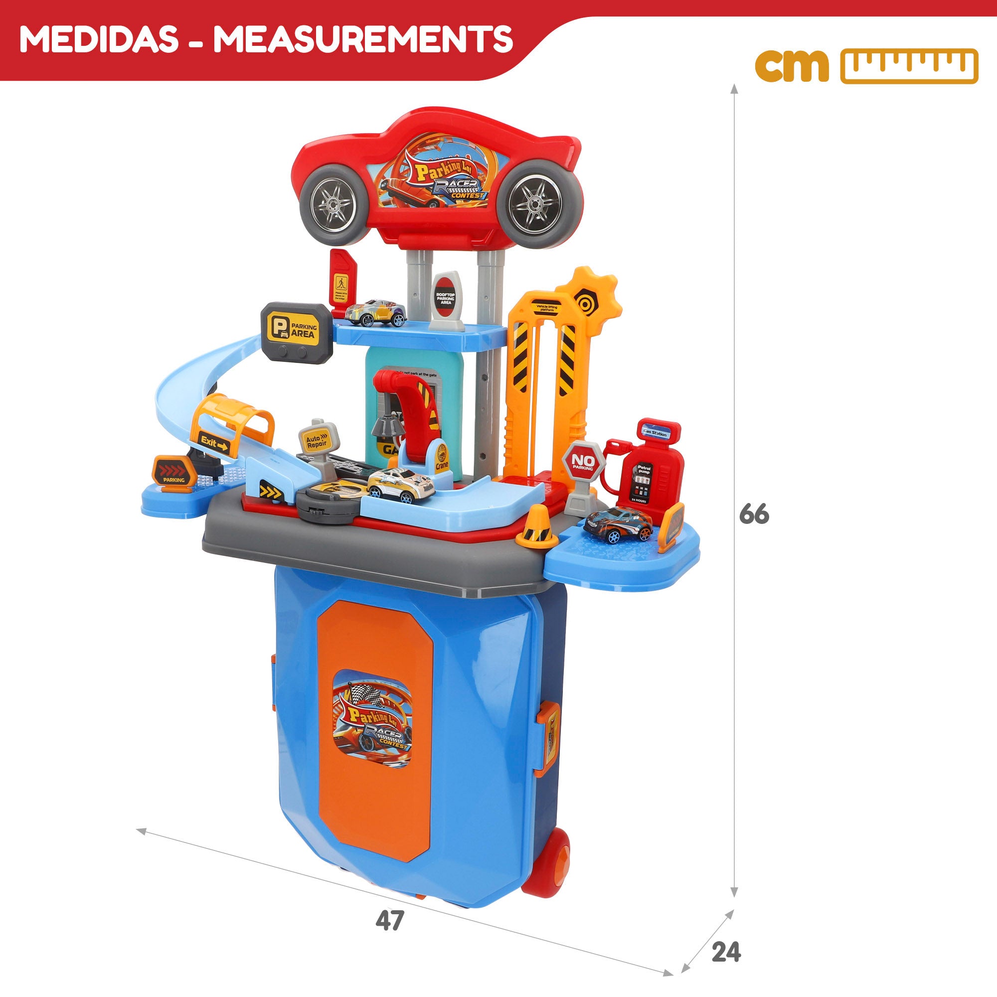 Aparcamiento en la ciudad 2 en 1 con 3 coches metálicos y maletín portátil (47x24x66 cm) Speed & Go