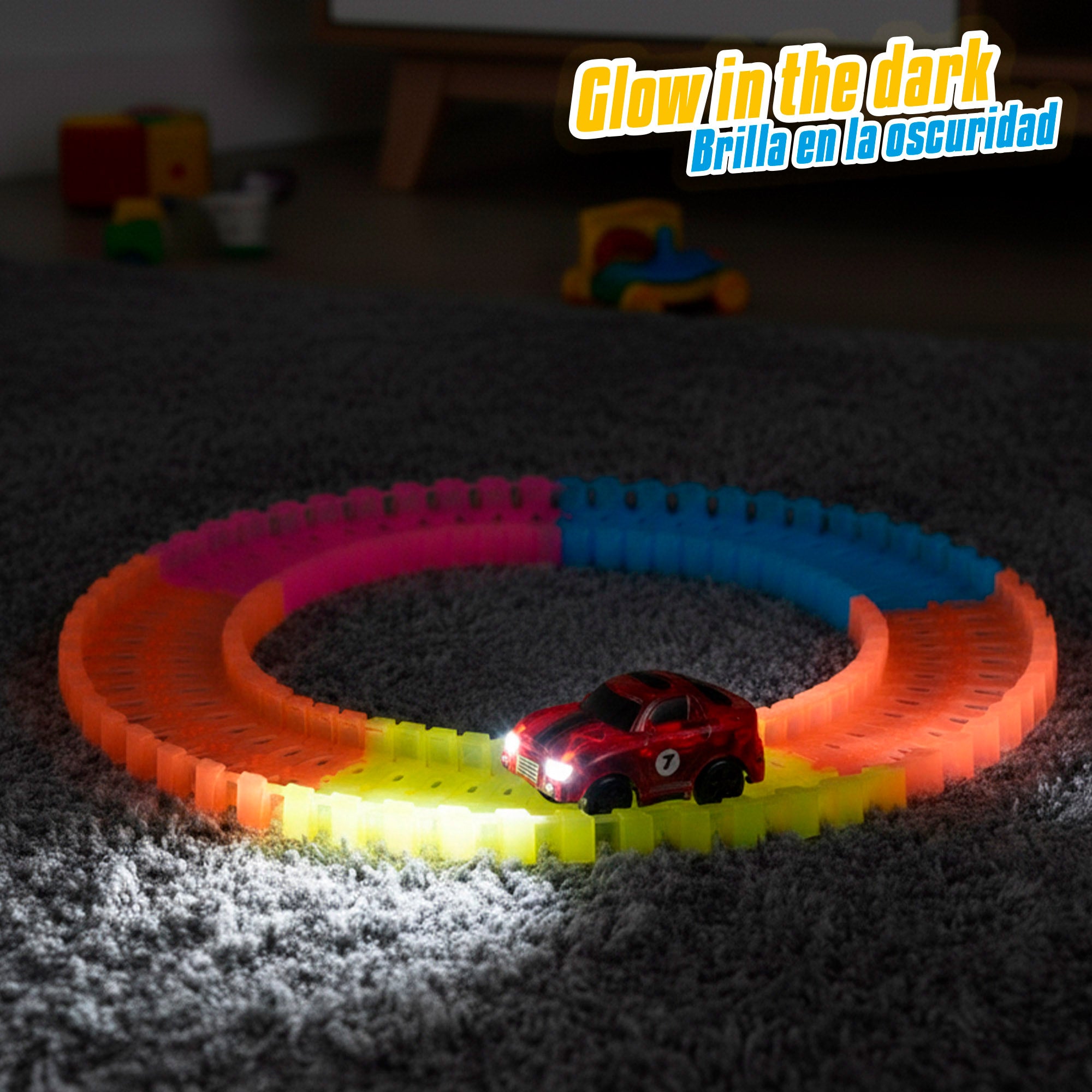 Pista de coches que brilla en la oscuridad 131 piezas Speed & Go